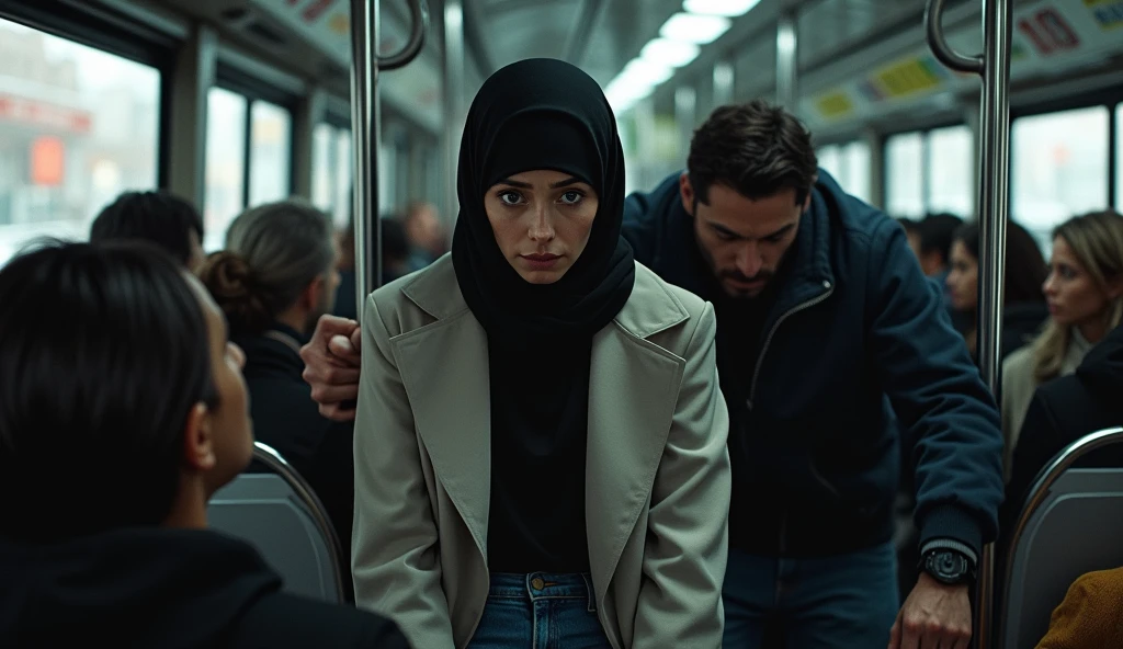 Black headscarf on a very crowded bus, white long sleeve t shirt,Sexy skinny woman in baggy grey sweatpants sitting between 2 men. Men touching women.(woman crying)