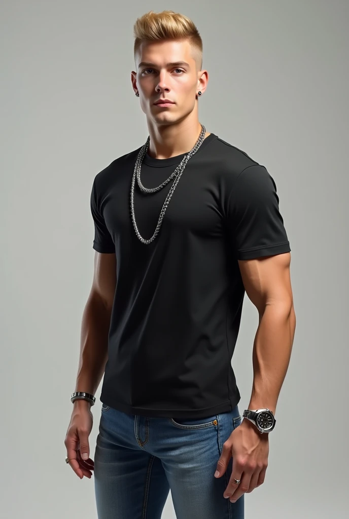 handsome man 2, toned body, short dark hair and blue eyes, black t-shirt and jeans, manly
