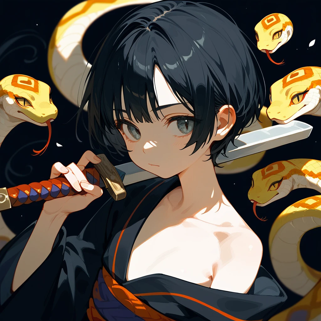 1 girl, Black Hair, iris, Off-the-shoulder kimono, beautiful_face, School uniform motif, Kimono with snake scale pattern, Solo Illustration, Short Hair, Black kimono, Holding a sword, Upper Body, 笑face, Flat Chest