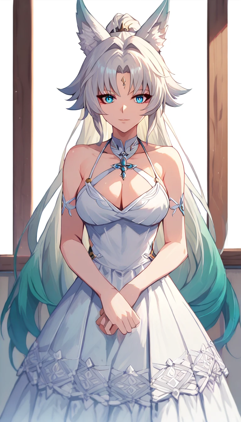 An anime-style artwork depicting Feixiao from the game star rail Tags: Feixiao, anime, detailed eyes, detailed lips, (halterneck dress : 1.4), (cleavage),animal ears, long hair, ponytail, gradient hair, white hair, blue eyes, forehead jewel, ear piercing, hair ornament,, smiling expression, intense gaze, dynamic pose, (sitting in couch), vibrant colors, digital art, high-resolution, professional quality, gigantic breasts, cleavage, curvy, cowboy shot, (gigantic breasts: 1.4),palace, bunny ears
