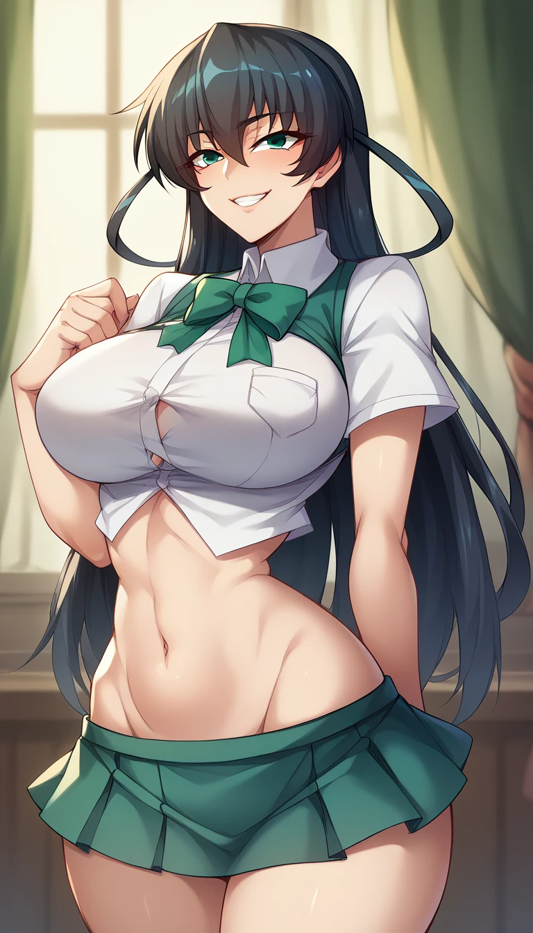 Igawa Asagi、Black Hair、Long Hair、Green Eyes、Super huge breasts、、、smile、high school student、Narrow waist、Open-chested、belly button、uniform、Standing posture、mini skirt、whole body、Big Ass、Hotel