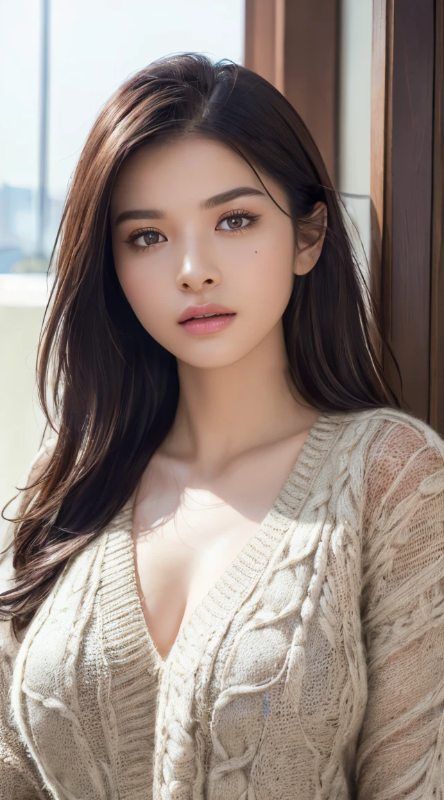 pose of a sensual ultra hot Girl, long brown hair, gray eyes, sharp features, white skin, pink lips, half-opened gray oversized sweater, full waist up pose , upper knees pose , 