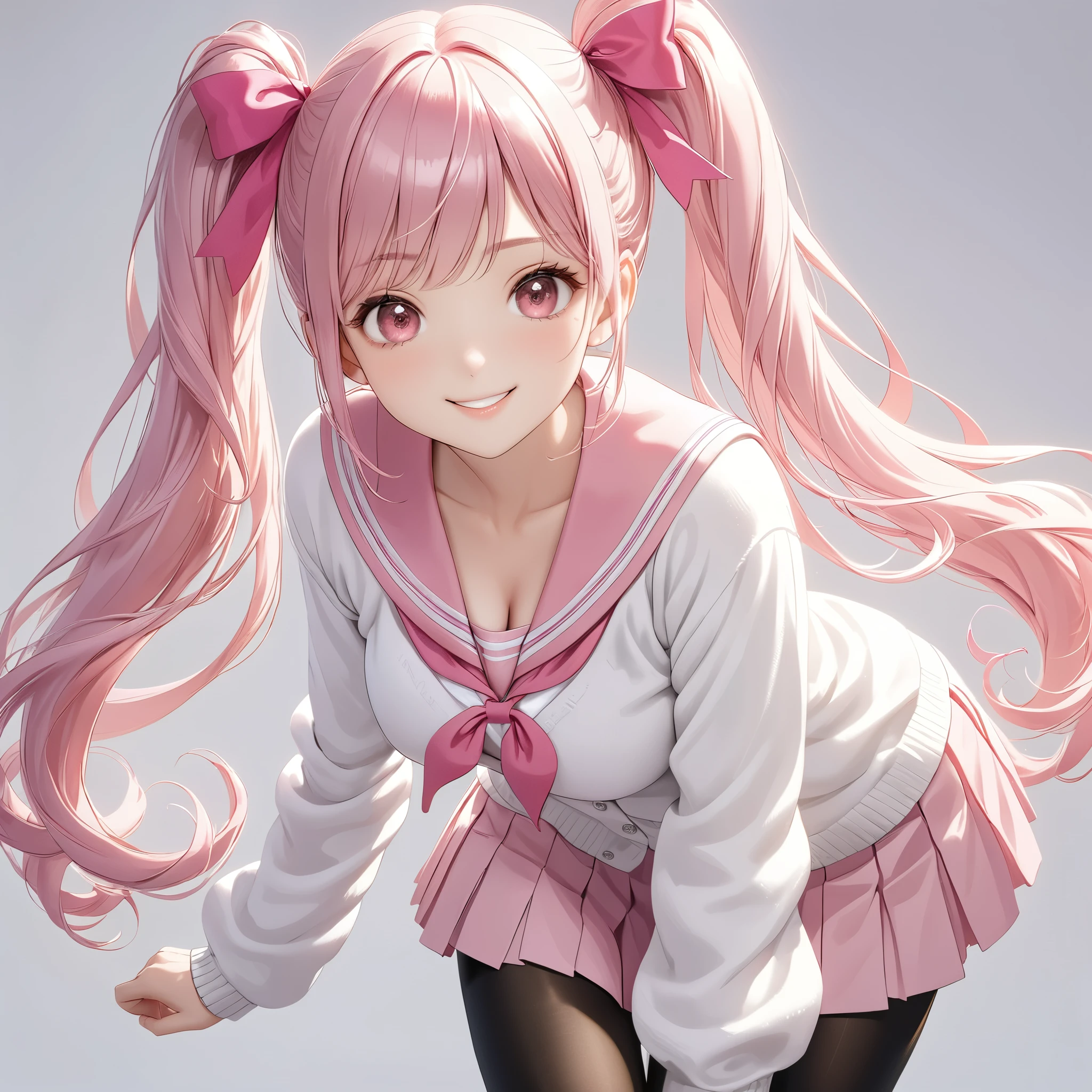 (8K, masutepiece, Best Quality, Official art, beautiful detailed, beautiful lighting, best masterpiece in history that exceeds limits), (1 Girl, Solo), (sixteen years old), (beautiful detailed face), (shiny white skin), (Beautiful big bust, cleavage, thighs:1.3), (beautiful detailed pink twin tails hair, Bangs:1.3), (beautiful detailed drooping pink eyes:1.5), (high school uniform:1.3), (white loose long sleeves long  length cardigan, overly long sleeves, patsel pink sailor collar, pastel pink pleated skirt, patsel pink ribbon:1.3), (black_legwear, zettai_ryouiki, thigh_gap:1.2), (happy smile:1.2), (Attractive, look at the camera, cute pose:1.3), (simple white plain background:1.5),