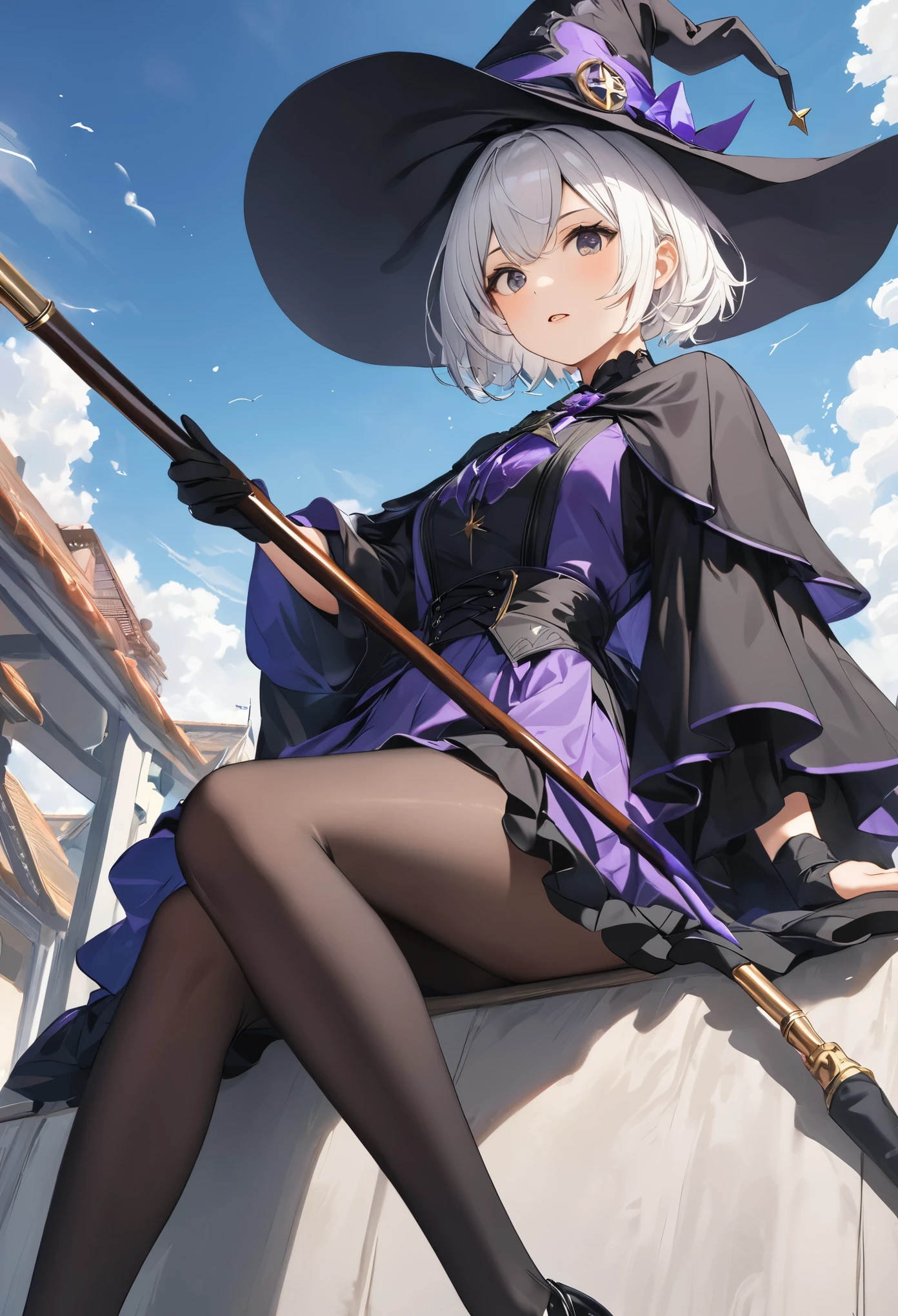 (masterpiece, best quality, highres),
elaina, hat, witch hat, solo, broom, short hair, sky, shirt, skirt, cloud, witch, open mouth, smile, black footwear, black headwear, white shirt, sidesaddle, black skirt, broom riding, robe, neck bowtie, yellow bowtie, looking at viewer, black robe, bow, open robe, hand on headwear, long sleeves, pointy footwear, boots, full body, yellow bow, open clothes, high heels, wide sleeves, :d, collared shirt, bare legs, badge, hair bundle, yellow hair band, sitting