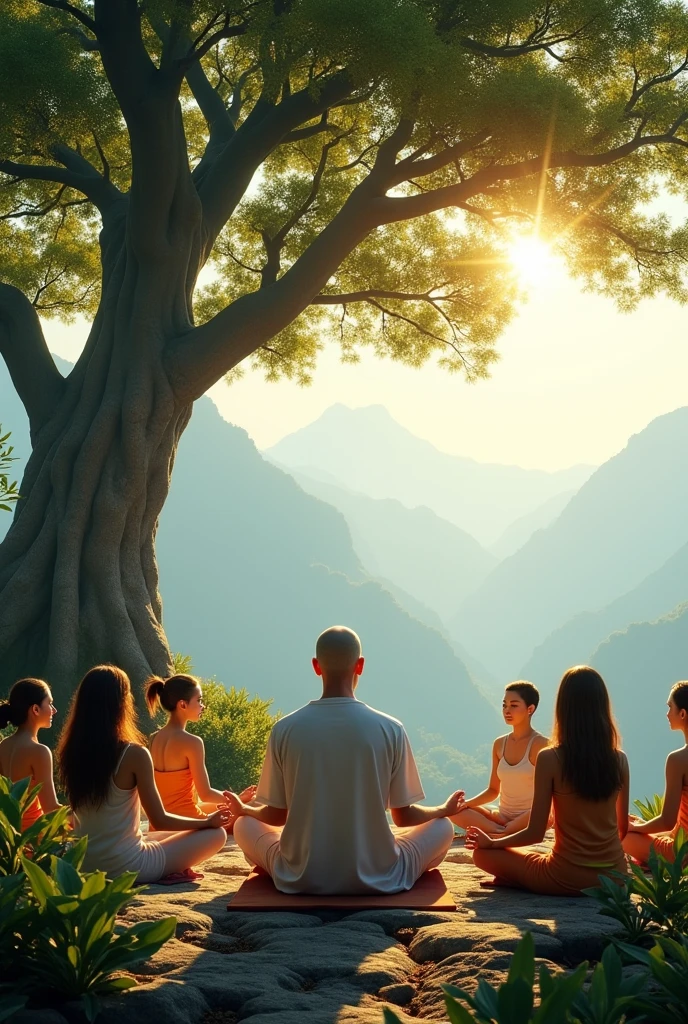 Many people with spiritual greeting mudra meditating