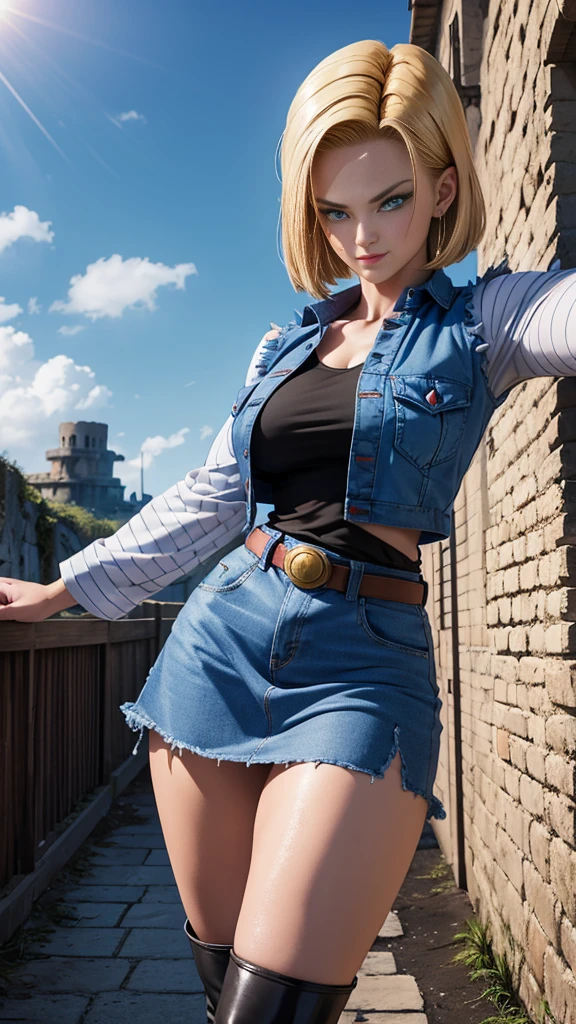 Android 18 from Dragon Ball Z, pose Sensual, (best quality, 4K, 8k, high resolution, work of art: 1.2) (climate: Clouded), battle ruins background, black shirt, striped sleeves, denim vest, denim skirt, pantyhose, brown boots, waist belt, short hair, ultra detailed, <xml><input>realistic</input></xml>, portrait, beautiful detailed blue eyes, beautiful detailed lips, extremely detailed eyes and face, long eyelashes, Sensual, Normal, Big breasts, radiant smile, powerful girl in a battle, impressive curves, bright colors, lighting