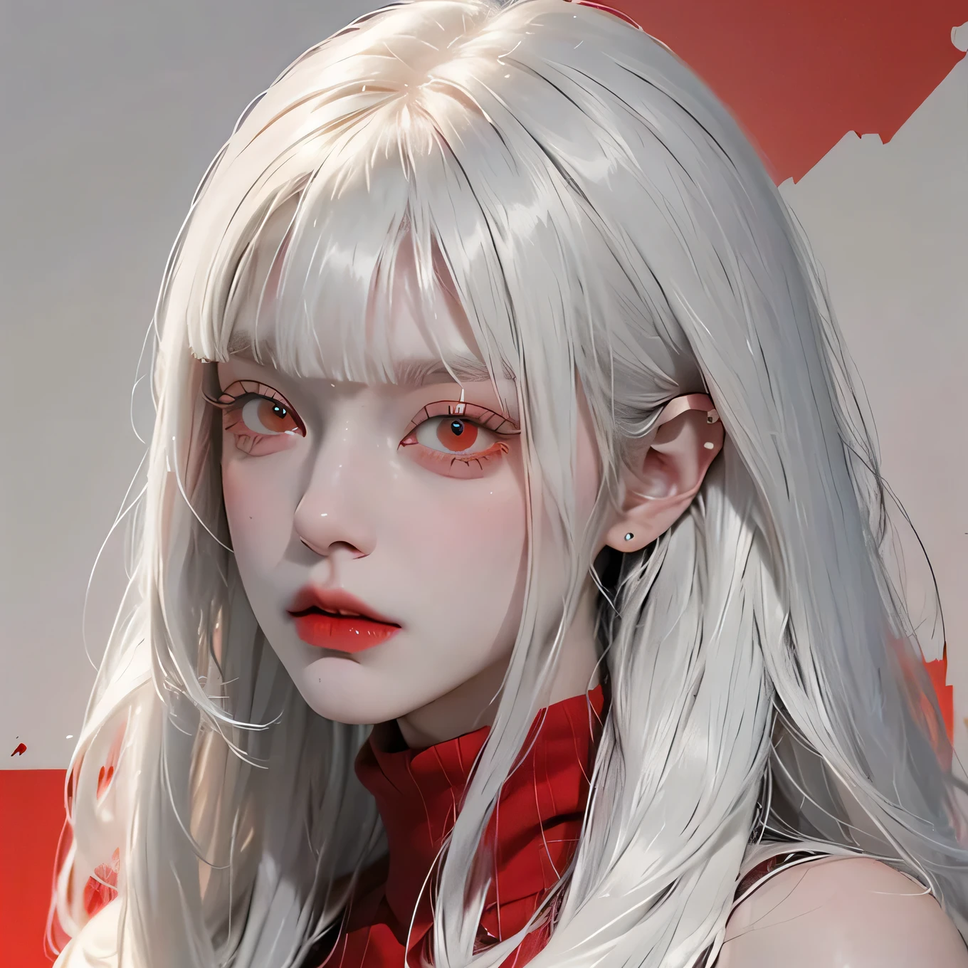 Analog style, RED eyes, white straight hair with straight bangs, red turtleneck , feminine, female, sexy, beautiful, BADASS, looks evil, cool, female fatale, ethereal , red background, Evil, menacingly , siren eyes, piercing eyes, intimidating , mature face, pfp