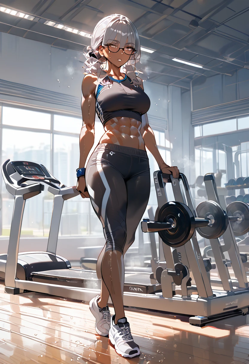 One Woman，Grey Hair，straight，Brown skin，Sunburned skin，Glasses，Sharp Eye，Long eyelashes，Toned body，Mature Woman，Long legs，Sportswear，Gym，sweat，Steaming