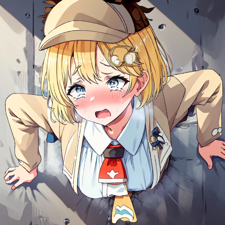 ((masutepiece, Best Quality, hight resolution, Perfect Pixel, depth of fields))), 
glory wall, trapped_in_wall, stuck in wall,
1girl, (amelia watson:1.0), blond hair, bob cut, blue eyes, monocle hair ornament, amelia_detective, collared shirt, white shirt, red necktie, (detective accessories:0) deerstalker, brown capelet, stethoscope,
ecstasy, steam, wet, trembling, drooling, sweat, clenched teeth, orgasm, she is surprised with her eyes wide open, ohogao, fucked silly, (crying:1.2)
(close up face:1.2), upper body,