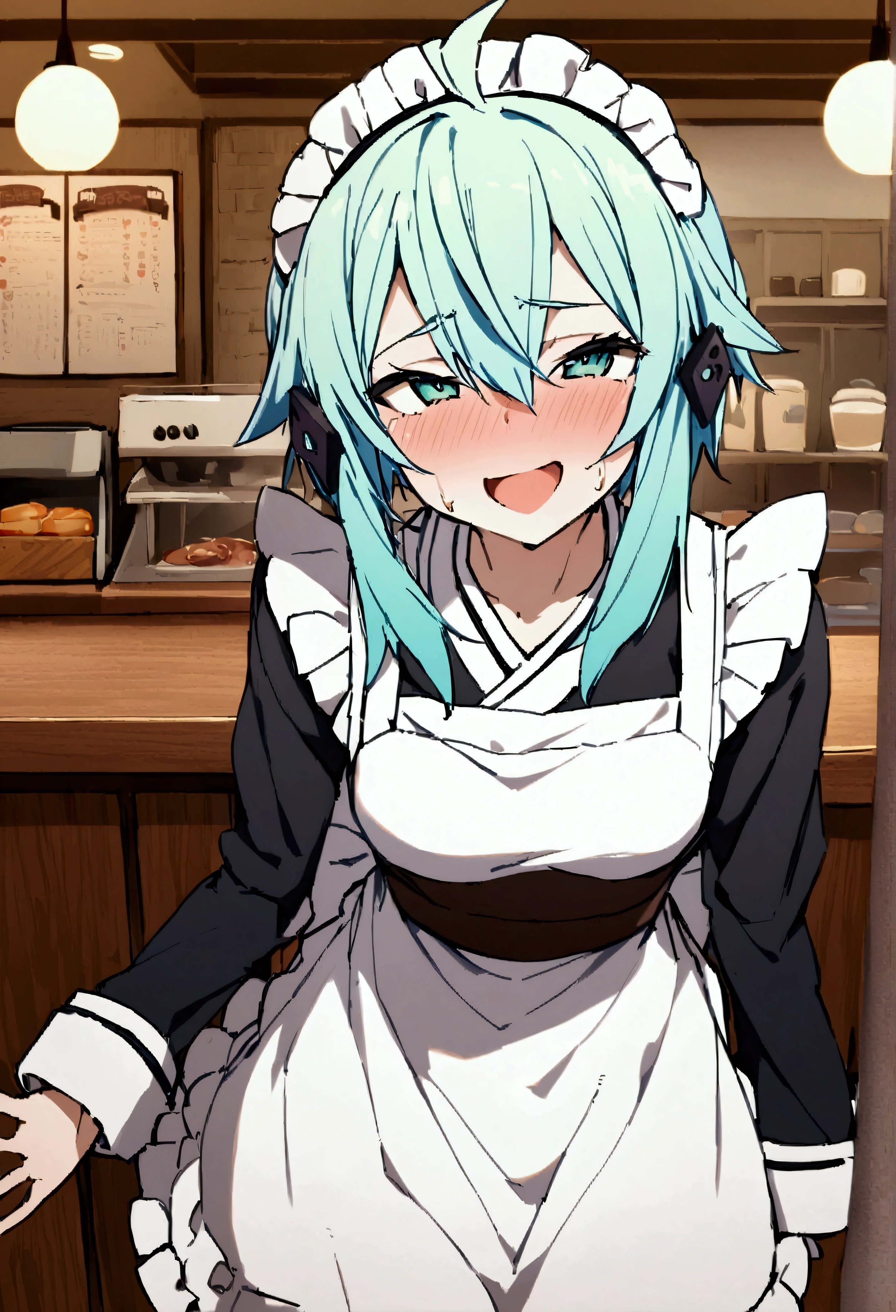 NSFW,masterpiece,Best Quality,High resolution,Very detailed,One girl,Sinon\(Sword Art Online\),kimono、kimono、White apron、緑のkimono、Hair accessories、Long sleeve、Maid、和Maid、Sleeve length up to the wrist、Ruffled Apron、Green Sleeves,Bad Smile,Lustful face,Coffee shop,counter