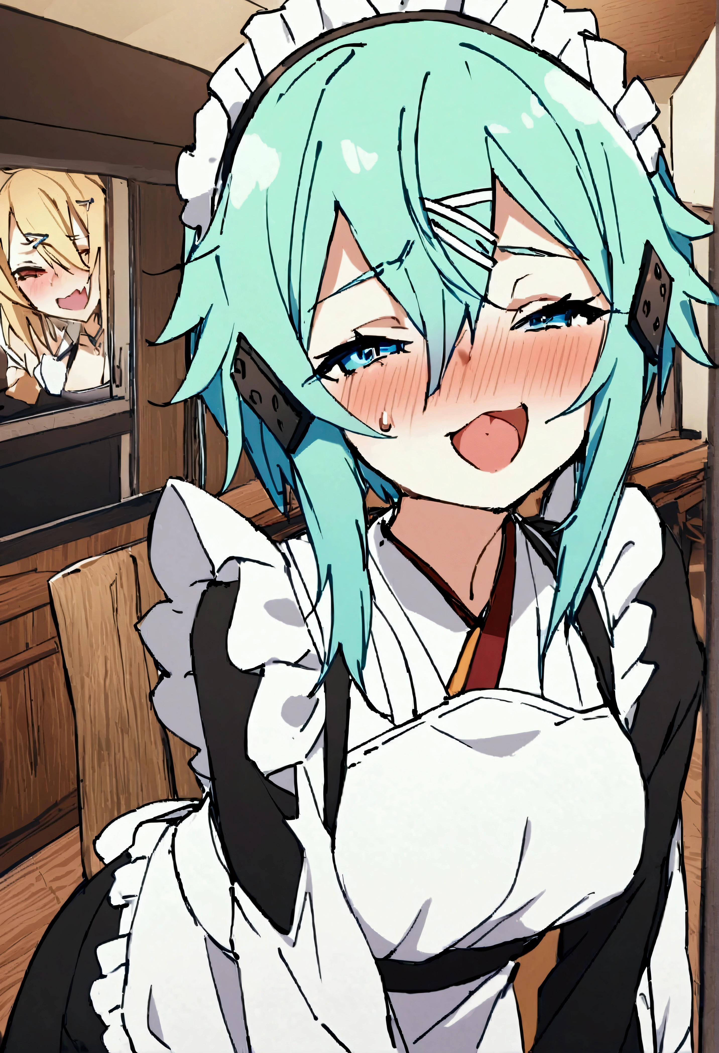 NSFW,masterpiece,Best Quality,High resolution,Very detailed,Sinon\(Sword Art Online\),kimono、kimono、White apron、kimono、Hair accessories、長sleeve、Maid、和Maid、sleeve丈が手首まで、Ruffled Apron、sleeve,(Ecstasy face),Bad Smile,Seduce,Lustful face,I feel,Coffee shop,counter