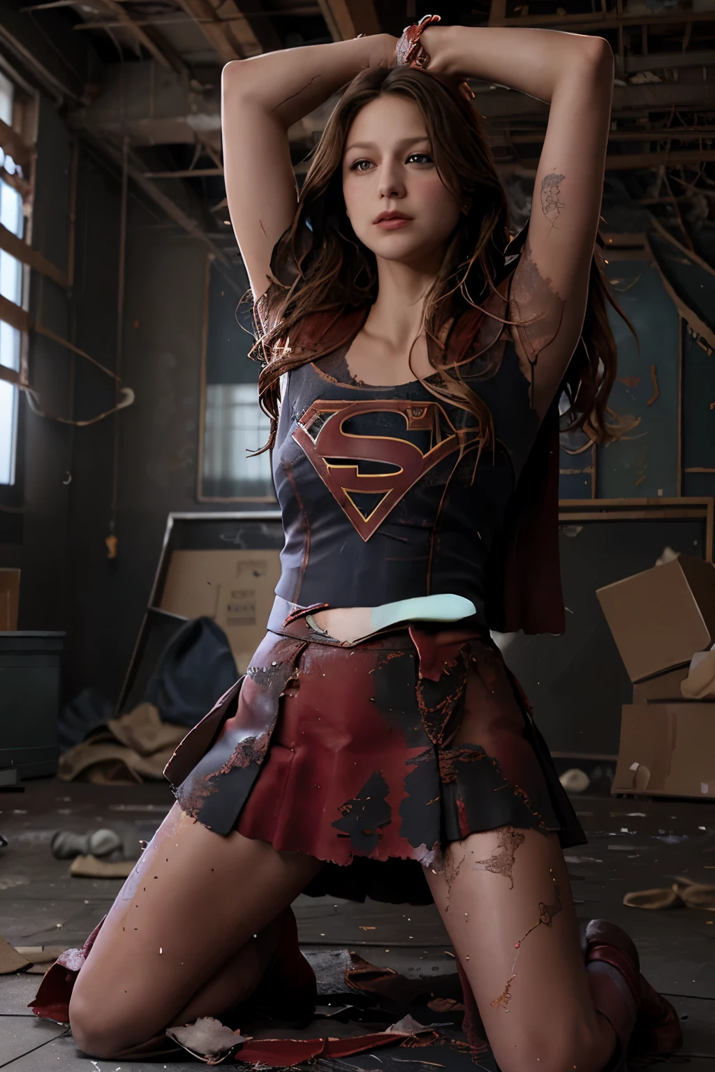 Supergirl 、R-18、Tentacle restraint、((Place your hands behind your head))、((Laying on your back)), on the floor, defeat、Kneel, Spread your legs、Tentacles wrapping around both arms and legs、Large bust、Crisis Scene、Tentacle Background、Melissa Benoist as supergirl, (tattered skirt:1.6), pantyhose, red boots, (upskirt), from below, lighting from your feet, ((restraint)), bound, injury, pain, photorealistic, hyper realistic,