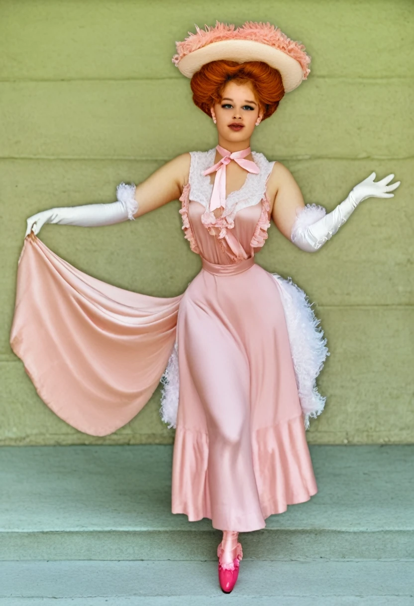 (((NSFW))) A sexy 12yo voluptuous ginger Gibson Girl sashaying along the streets of Victorian London. Year 1900. 1900_dr3ss. (((Frilly sleeveless top))), sash cinched around her waist, wide-brimmed picture hat with pink feathers, bare shoulders with (((long pink opera gloves))), (((mid-length skirt:1.5, pink petticoats, mauve silk stockings, pink high-button boots:1.5))), choker necklace with a cameo brooch. Gorgeous youthful face, big blue eyes, pouty red lips. (((Massive ass:1.5)))