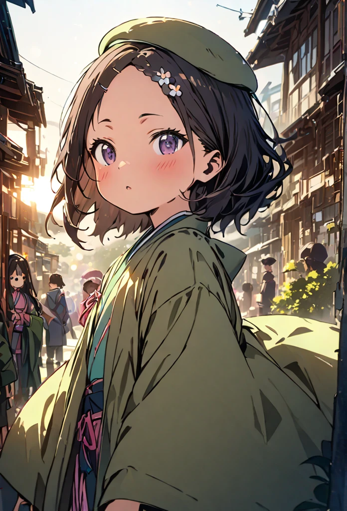 (masterpiece, best quality, very aesthetic, ultra detailed), score_9, score_8_up, score_7_up, 1 girl, child, intricate details, 4K, illustration style, black long hair, Fuji Forehead, Kurohime cut hair, parted bangs, pink kimono, green kimono coat, open coat, standing, outdoors, (black slant eyes:1.1),Shortcuts, Headpiece, accessories, リボンヘアaccessories, Hair Flower, Bell, Beret, Backlight, Lens Flare, 