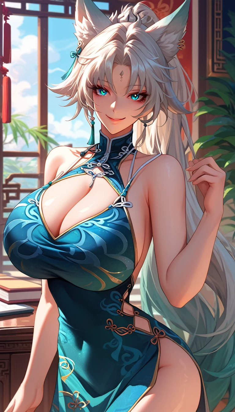 An anime-style artwork depicting Feixiao from the game star rail Tags: Feixiao, anime, detailed eyes, detailed lips, (chinese dress : 1.4), (cleavage),animal ears, long hair, ponytail, gradient hair, white hair, blue eyes, forehead jewel, ear piercing, hair ornament,, smiling expression, intense gaze, dynamic pose, , vibrant colors, digital art, high-resolution, professional quality, gigantic breasts, cleavage, curvy, cowboy shot, (gigantic breasts: 1.4), inside palace 