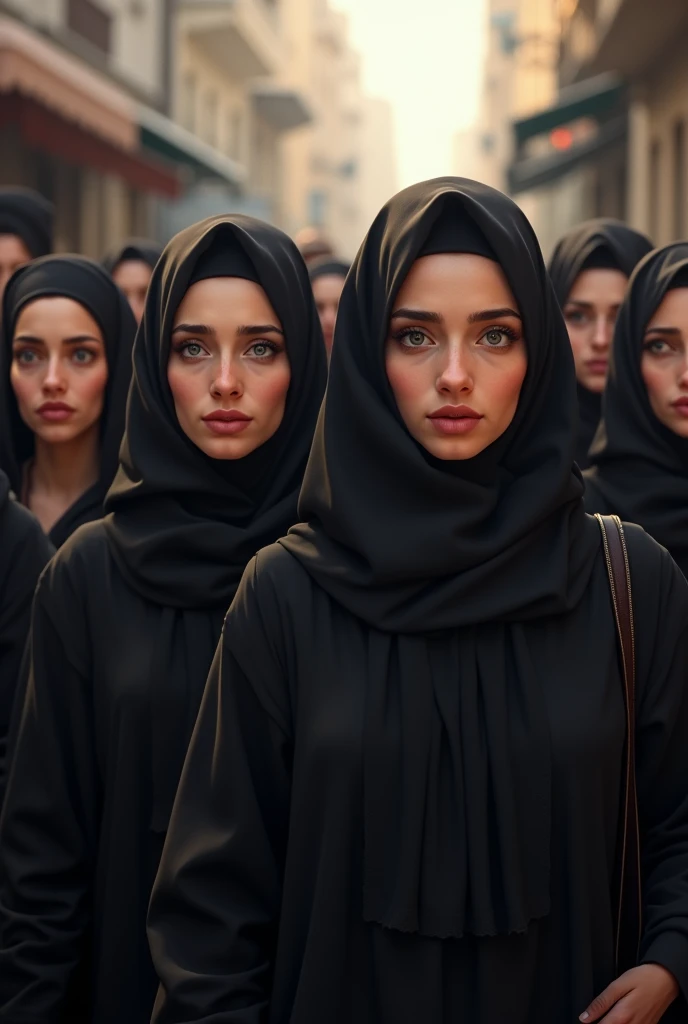 Group of four strong Syrian women fighting to conquer the sea, hijab