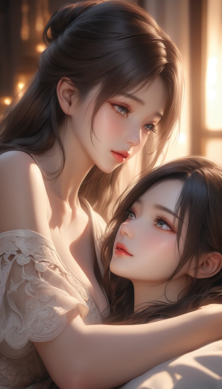 nsfw, masterpiece, best quality, ultra detailed, ((two mature beautiful lesbian women, caress each other)), A shy look, Half-open mouth, Bare skin glistening with sweat, bra and panties, in the forest, close-up to face, Portrait, 