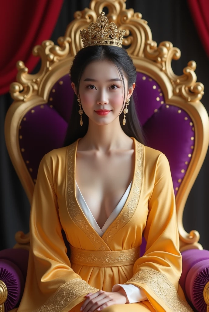 A woman with huge breasts wearing a kebaya with extravagant details (kebaya) Chinese style,Sitting on the throne of dragon and dragon head, Beautiful fantasy queen, Sitting on the throne of complexity, ((Beautiful fantasy queen)), Sit on a refined throne, Seated on an ornate throne, On her throne, sitting On her throne, A Stunning Portrait of a Goddess, Queen of the Sea Mu Yanling, Beautiful and elegant demon queen, Beautiful fantasy art, (Unreal Engine, masterpiece, best quality:1.2),,(8K,high resolution,RAW photos,Practical,photo-Practical:1.3),(Delicate skin texture,Detailed fabric texture,Beautiful and delicate face:1.25),Professional lighting,Photon Mapping,Beautiful soft lighting,Radiosity,Physically Based Rendering,Ray Tracing, Model shooting style, Model shooting style, (extremely detailed CG unity 8K wallpaper), Full-length photos of the world's most beautiful artworks,