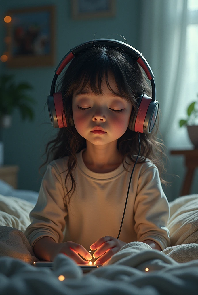CHILD girl with long BLONDE hair wearing a YELLOW sweater and muffled black ears. AND CANDLES LIT.
