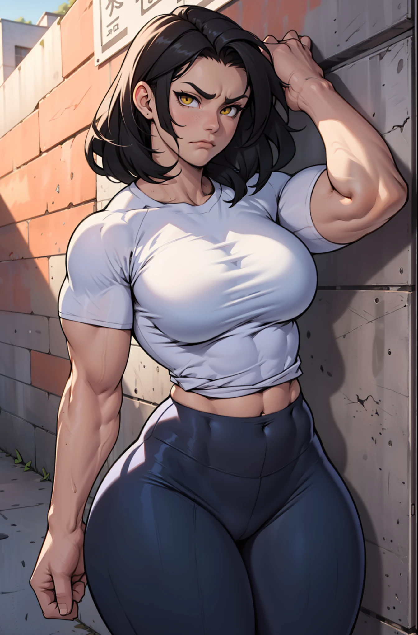 ((1 girl)), extremely long hair, solo, ((muscular)), veins, black hair, yellow eyes, (thick thighs), pale skin, strong, veins, abs, big thighs, (huge breasts), navel, standing, frowning, tight pants, tight shirt, arms behind head