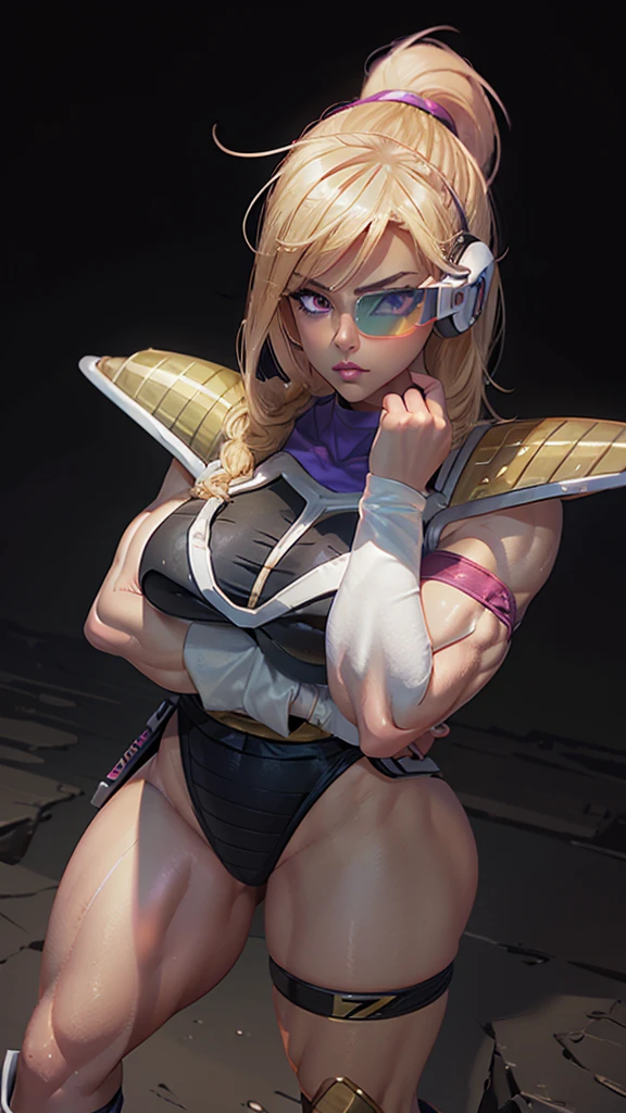 1girl, A blonde girl with muscular body and arms, six pack abs,folded arms stance, thick eyebrows, thick eyeliner, raising right eyebrow, eyelashes , lip filler, eyelashes, thick eyeliner, thick eyebrows, lip filler, eyelashes, toriyama akira, serious expression,Saiyan Scouter, Saiyan_Scouter, scouter, saiyan armor, tinted eyewear, realistic, 8k UHD, photorealistic, full body shot, frieza spaceship