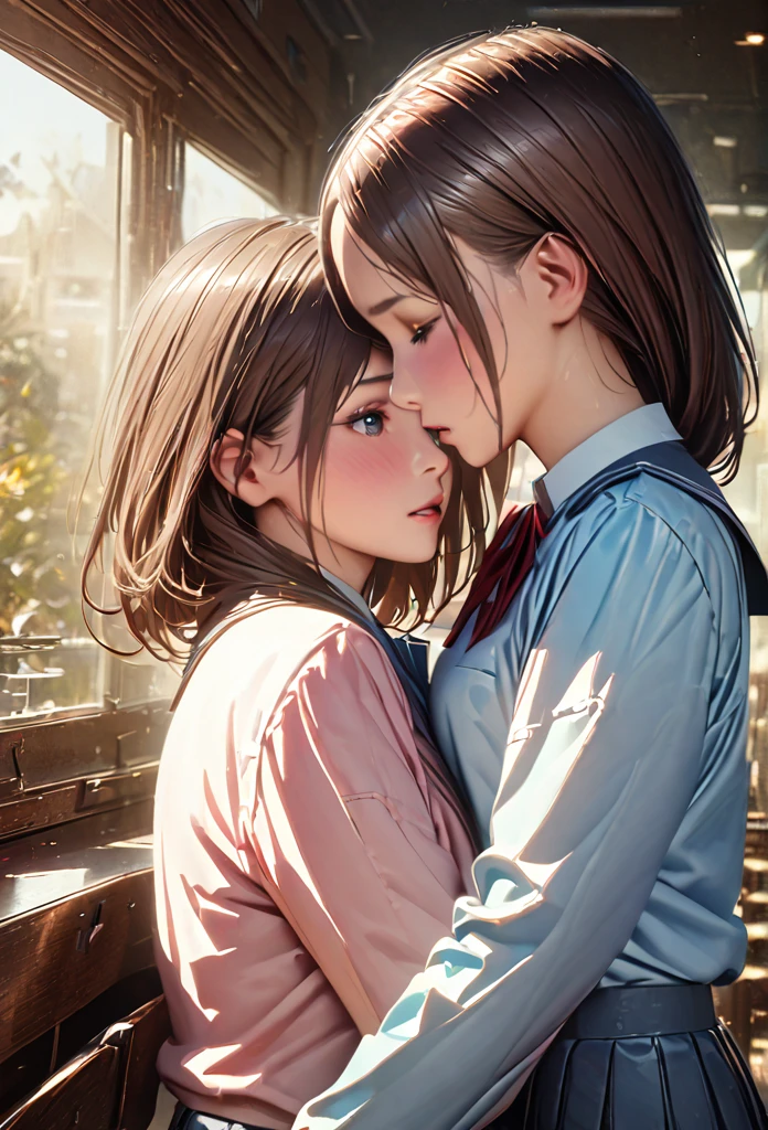 a lesbian couple of two tall and slender female high school students in school uniforms, beautiful, detailed facial features, intimate embrace, classmates, soft lighting, romantic, pastel colors, cinematic composition, photorealistic, 8k detailed, highly detailed, masterpiece, ultra-realistic