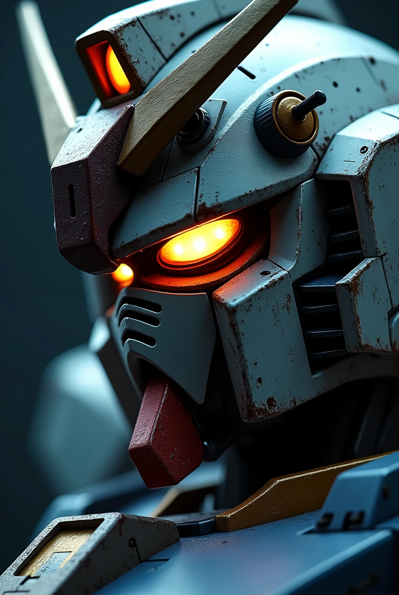 Real、Realistic、8k、photograph、Gundam、Face close-up、For wallpaper、Dark Background、His eyes are shining