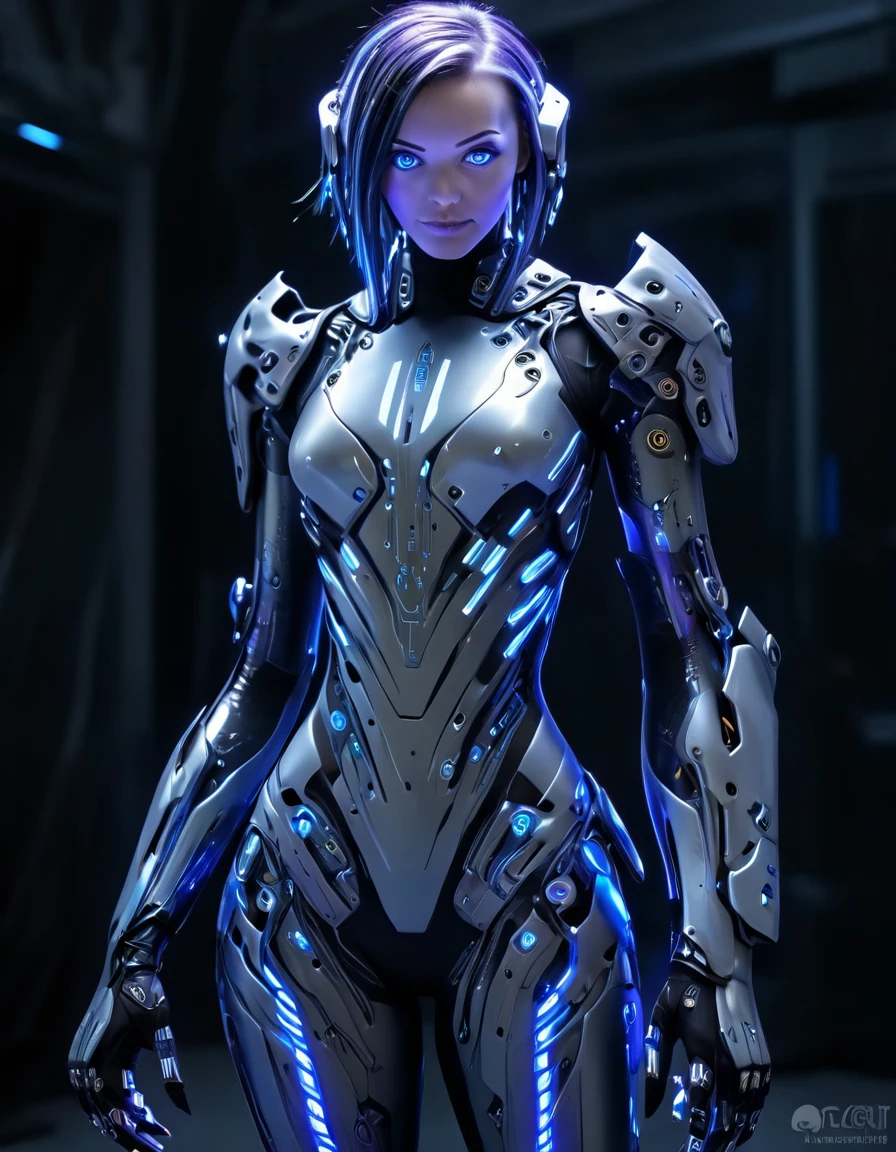 A woman wearing exoskeleton cyber armor, The armor fits snugly、((She has a plasma gun in her hand)), Full body photo, Maximum details, Superior quality through precise drawings, 8k,chest, blue eyes,  High resolution, 超High resolution, Best Quality, (She wears a circuit board dress with LED accents., Creates a futuristic atmosphere. Her hair is smoothly styled, Metallic bob with LED lights woven into it)Shortcuts, Big chest, Cinematic Lighting Effects, Futuristic beautiful purple hair woman, Shining blue eyes, Cyberpunk style woman, ((High tech spaceship interior with blue light illumination)), High-quality images,Shortcuts, Bob Hair, Bob Hair, Very short hair, 