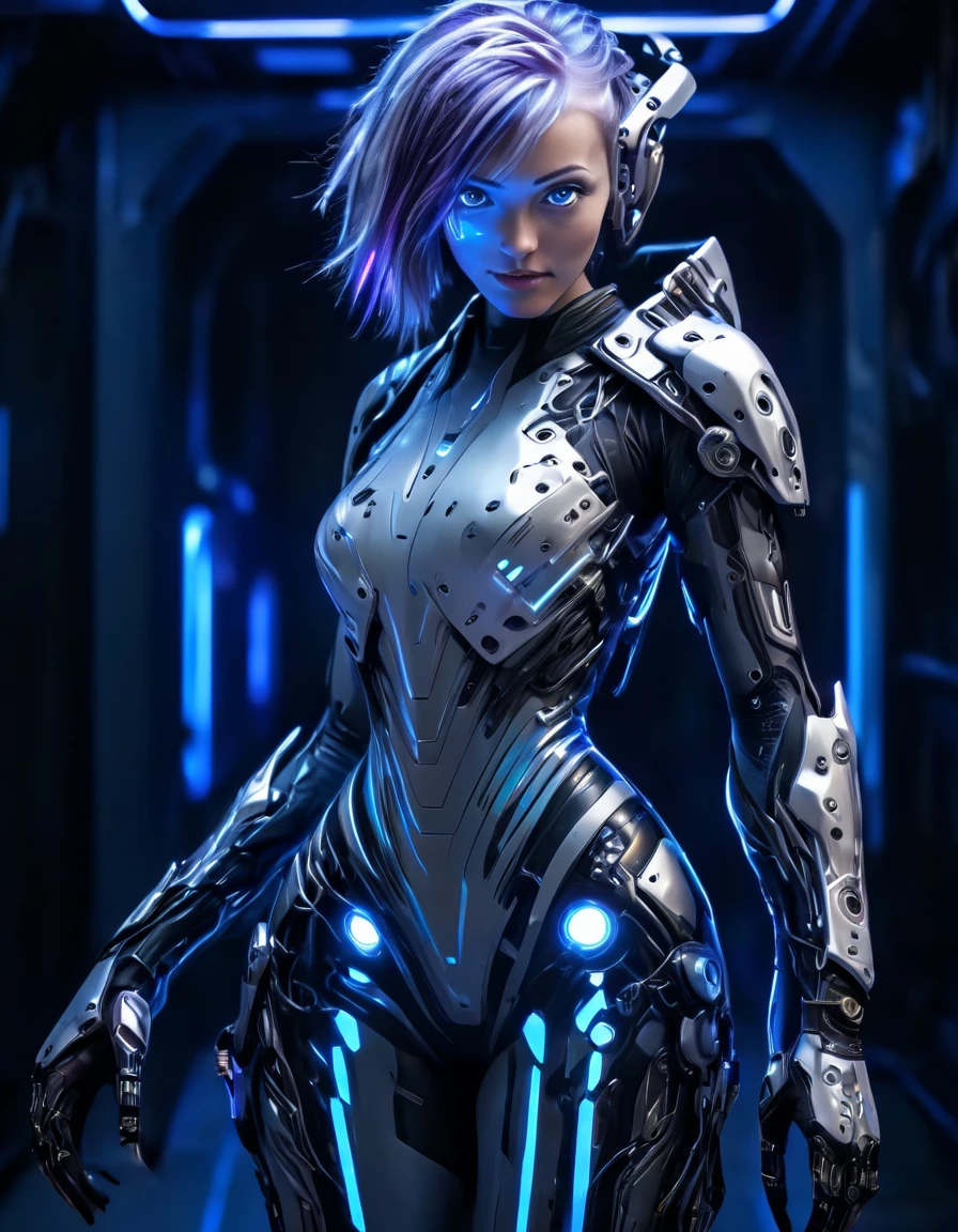 A woman wearing exoskeleton cyber armor, The armor fits snugly、((She has a plasma gun in her hand)), Full body photo, Maximum details, Superior quality through precise drawings, 8k,chest, blue eyes,  High resolution, 超High resolution, Best Quality, (She wears a circuit board dress with LED accents., Creates a futuristic atmosphere. Her hair is smoothly styled, Metallic bob with LED lights woven into it)Shortcuts, Big chest, Cinematic Lighting Effects, Futuristic beautiful purple hair woman, Shining blue eyes, Cyberpunk style woman, ((High tech spaceship interior with blue light illumination)), High-quality images,Shortcuts, Bob Hair, Bob Hair, Very short hair, 