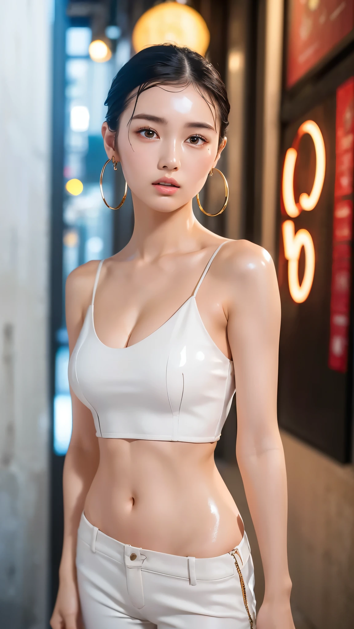 (UHigh resolution, retina, masterpiece, Accurate, Anatomically correct, Textured skin, Super Detail, Attention to detail, high quality, 最high quality, High resolution, 1080P, High resolution, 4K, 8k, 16k), (美しいAttention to detail目, Beautiful lip detail, Highly detailed eyes and face), Soft lighting, Physically Based Rendering, Vibrant colors,((((最high quality、masterpiece, 高精細CG8kイラスト, Graffiti art, Center Configuration, Highly detailed lights and shadows, wall, Highly detailed face and eyes,masterpiece, 最high quality, Alone, One girl, Glowing Skin, Hoop Earrings, [Splendid, Whimsical details, Slicked back hair, Fascinating, Bare shoulders, Crop top, Long trousers, Shallow depth of field, Contrasting, Professional Model, Facing forward, Portraiture , Symmetrical eyes,Detailed hands、Short Hair))), (Glowing Skin), (Wide-angle), Eye Reflexes、(Alone), (Pure Eros Face_1:0.33), (Urzan-6500:0.33)、Outdoor、(((Full Body Shot,Glossy thighs)))、