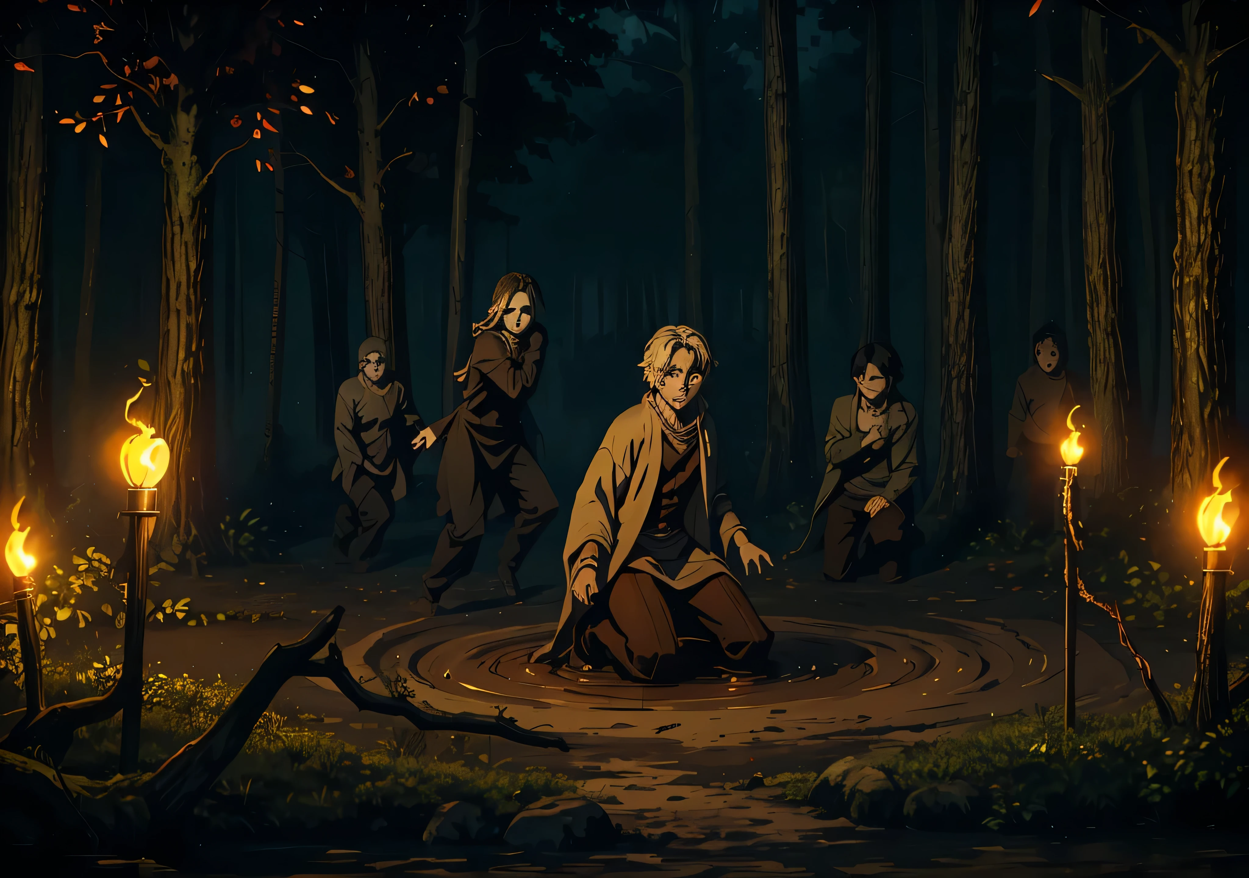 forst, Thu, 2d, dark surroundings, dried leaves, Apple falling to the ground, dark evening, several human sculptures with expressions of fear, a fountain of water coming out of mud