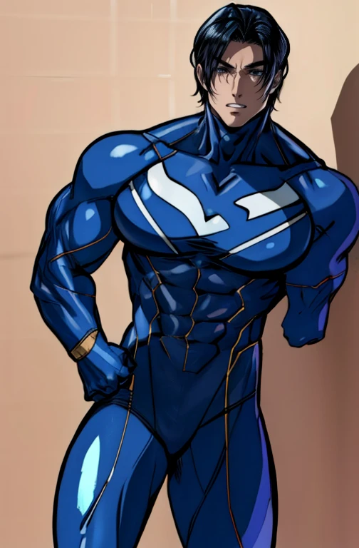 Nightwing Suit, Cute young man, Sexy Body, Tall, Shiny black hair, upright, shy, A little red face