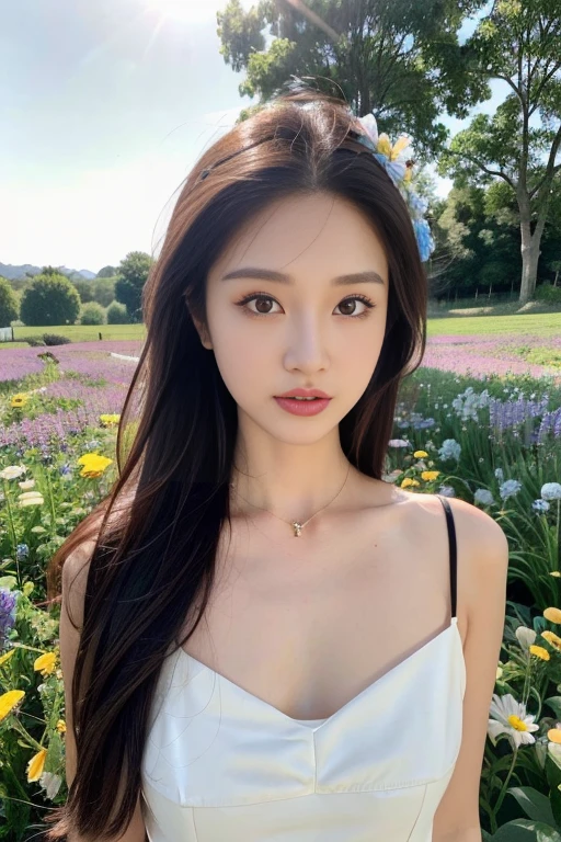 (extra detailed body、extra detailed face、best of quality:1.2)、Female nipple、looking at the viewers、(pink  bra、JINS)、(pink bougainvillea chaos in the background:1.4)asian human、kawaii、Rough clothing、Sexy clothes