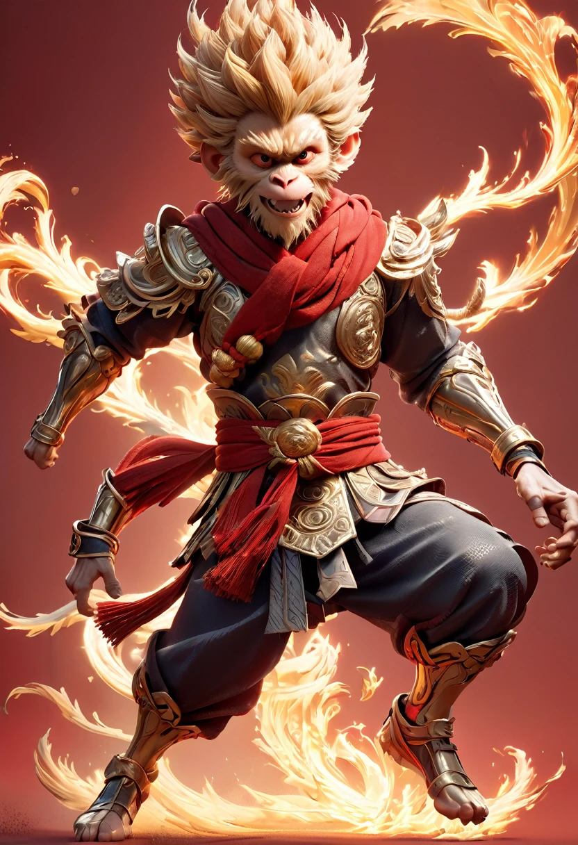 Sun Wukong monkey king, Kicking a soccer ball, playing football, soccer field background, 3d render, full body, The red scarf sways in the wind，Monkey King's face,Jumping with full strength, Shoulder armor youkai skeleton decoration, flame, Kicking a soccer ball with a move, Kingly temperament, Full body photo, cinematic rim light, Kicking a soccer ball, The light is delicate, tmasterpiece, ultra - detailed, Epic composition, super HD, high qulity, HighestQuali, 32K, grin, poison fangs