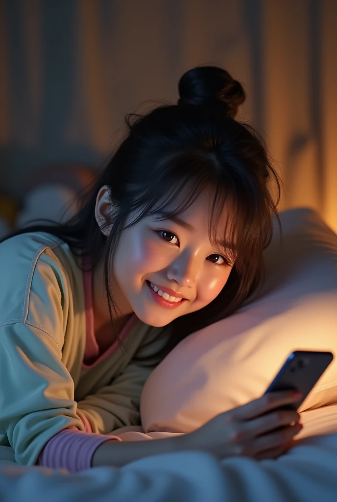 a 20 year old Indonesian girl was holding her chin while making a phone call on the bed , wearing pajamas to sleep, The background of the dark room is illuminated by the light of a bedroom lamp and the LED light glowing blue and pink