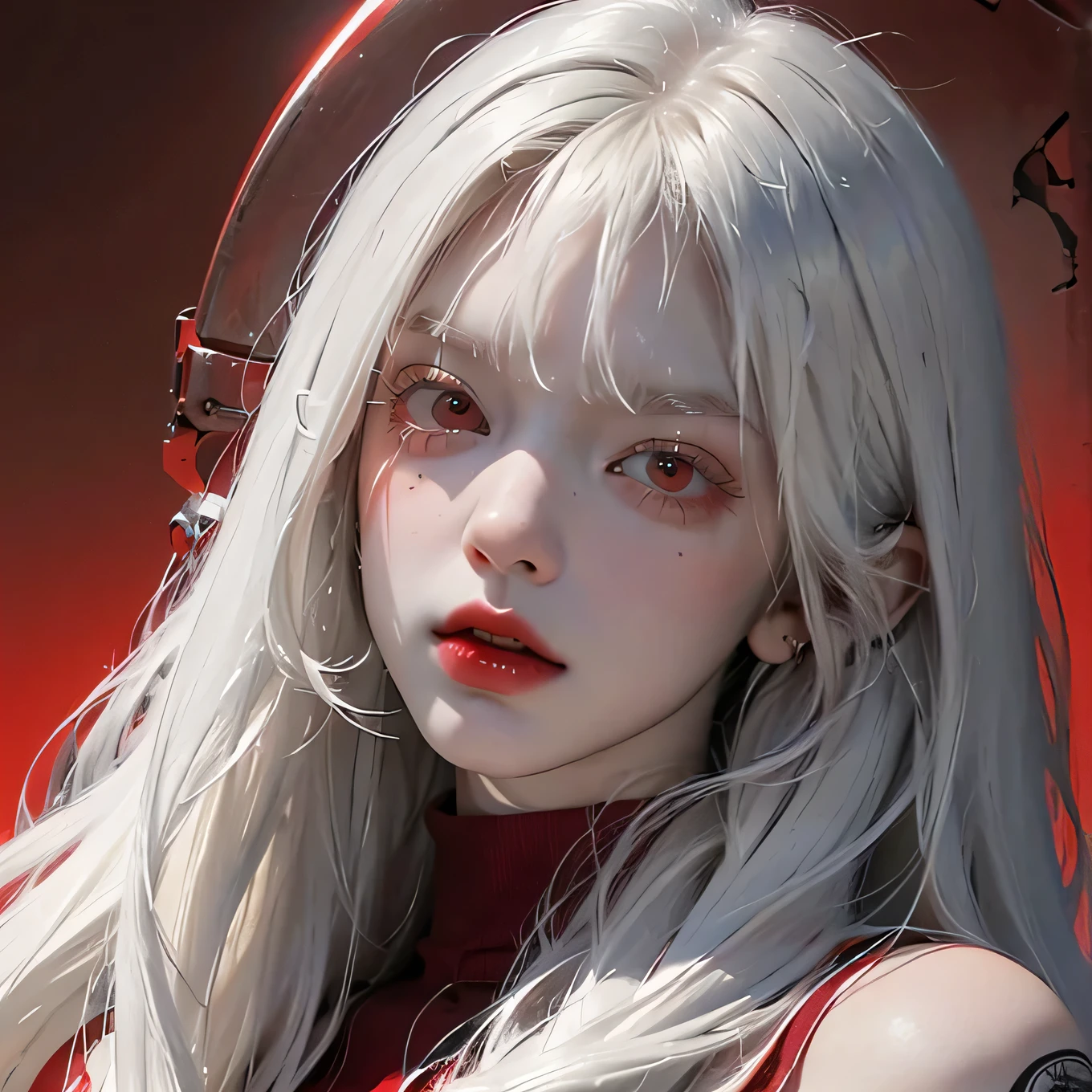 Analog style, RED eyes, white straight hair with straight bangs, red turtleneck , feminine, female, sexy, beautiful, BADASS, looks evil, cool, female fatale, ethereal , red background, Evil, menacingly , siren eyes, piercing eyes, intimidating , mature face, pfp, hot pose, shoulder up