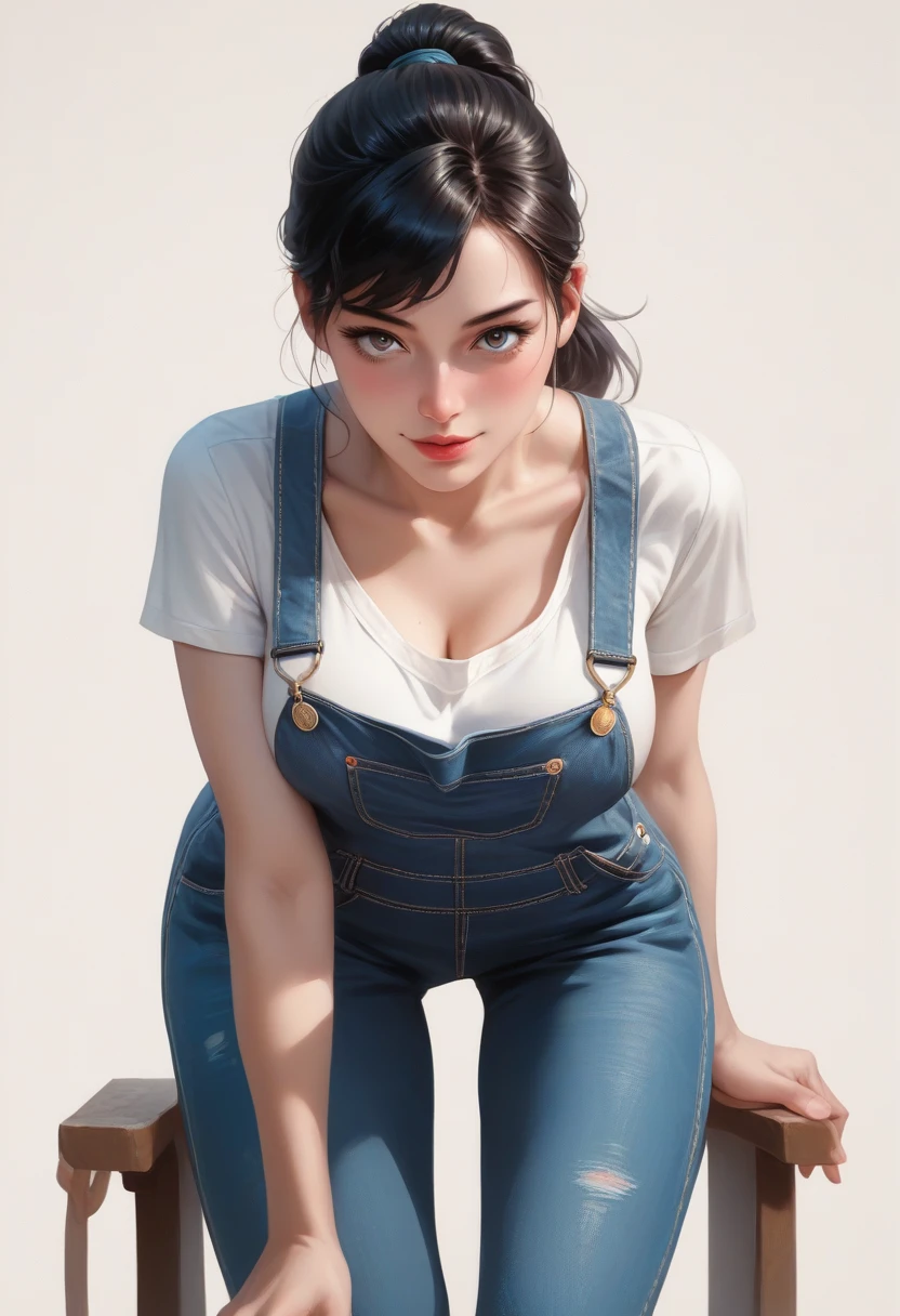 40 years old,1 mature woman,hyperrealistic, 8k, (extremely detailed 8k), (very delicate and beautiful), (masterpiece), (better quality:1.0), (ultra high resolution:1.0), (masterpiece, best quality),cute,black hair,big breasts,ponytail,POV,overalls,full body,white background,leaning forward,
