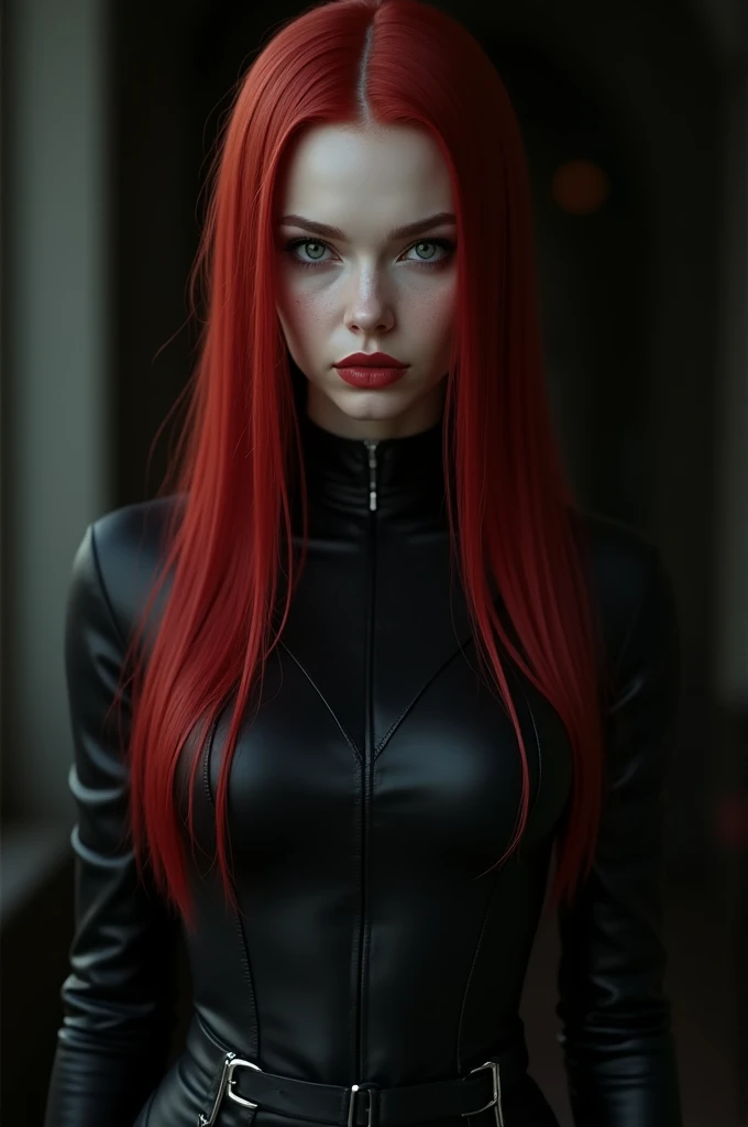 a woman with long red hair standing in front of a black background, In the style of Ilya Kuvshinov, emitting an evil red aura, red neon, by Hiromu Arakawa, 2020s promotional art, photography of a woman in techwear, 21:9 , comic book cover