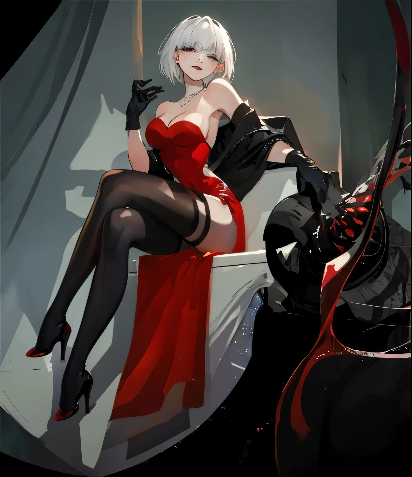 in Red and black, Love anime, Red and black and white, Red and black, emulsion shiny, masterpiece, high resolution, Best quality, 1 Girl Solitary, Smile, Red dress, Black socks, emulsion, Gloves, cigarette, sofa, Moody, dark, barbarous, Beautiful light, light, Red and black tone, Red, shining, luminescent, Lipstick, Lace, Gorgeous, Sequins, OK, jewelry, neckLace, earrings, flower, short hair, excited, Epic details, gendery, gender, 1 Girl, Solitary, masterpiece, Best quality, White hair, White hair, White hair, Red eyes, Black, darkness, sickle, shadow, douchebag, sneer, look down, black shadow, Cross your legs, femme fetal，High heel，slim high heel，Red sole，Black High heel，Super high heel，sexy，Red long skirt，Showing breasts，Huge breasts，Show your shoulders，Exhibitionism，shiningHigh heel，Sequins，Bow，elegant，Gorgeous，Protruding chest，，Evil，Red lips，Smile，Stiletto，High heel，Thick sole，High heel，