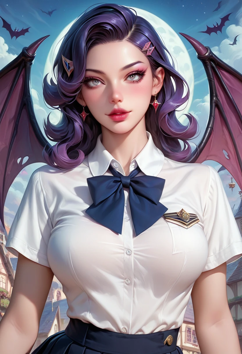 score_9, score_8_up,score_7_up,masterpiece, best quality, perfect anatomy, very aesthetic, official art, 8k,1girl, eyelashes,lips gloss,demon_girl,demon_wings,large_breasts, hairclip, school uniform, short sleeve shirt, night town
