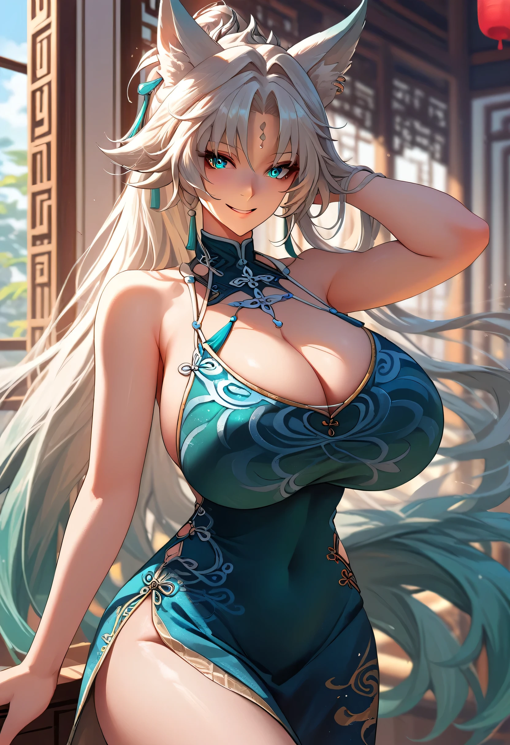 An anime-style artwork depicting Feixiao from the game star rail Tags: Feixiao, anime, detailed eyes, detailed lips, (chinese dress : 1.4), (cleavage),animal ears, long hair, ponytail, gradient hair, white hair, blue eyes, forehead jewel, ear piercing, hair ornament,, smiling expression, intense gaze, dynamic pose, , vibrant colors, digital art, high-resolution, professional quality, gigantic breasts, cleavage, curvy, cowboy shot, (gigantic breasts: 1.4), inside palace 