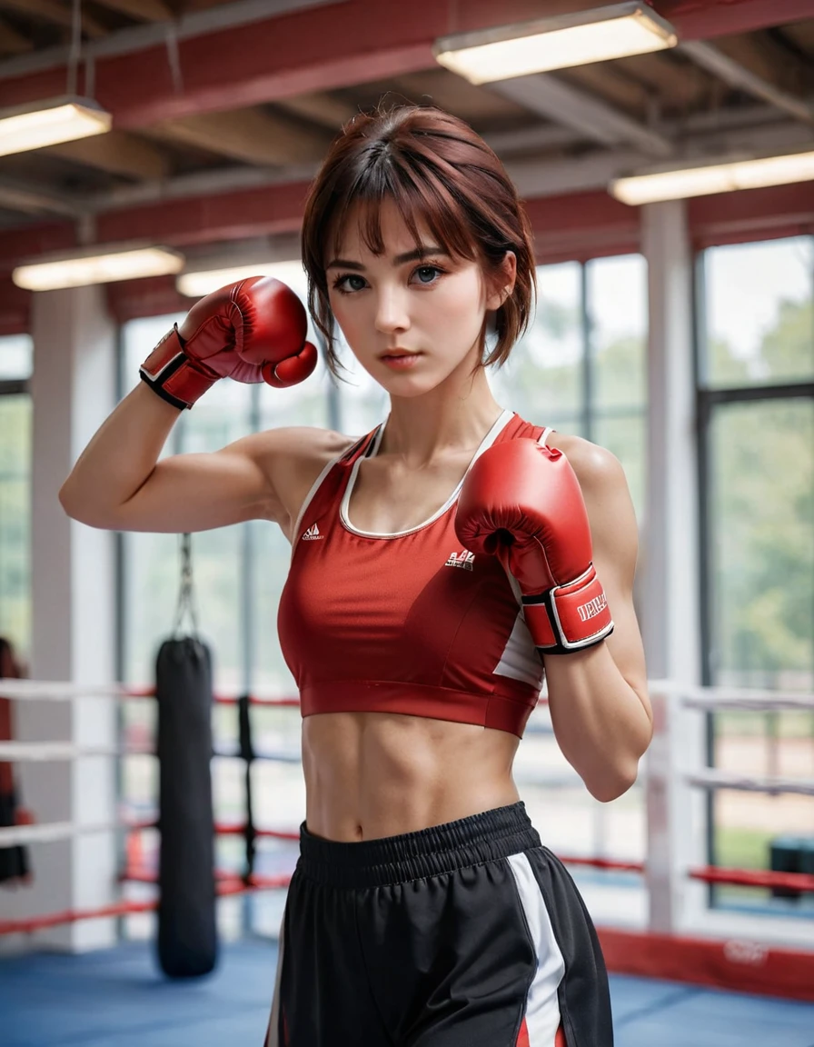 Create a digital artwork likely rendered with high realism, possibly by an artist skilled in blending anime and realistic features. The composition centers on a confident woman in a boxing ring, dressed in a white sports bra and black pants, with red boxing gloves. She has short brown hair and is sweating, emphasizing a post-training scene. The background features a sunlit gym with rays filtering through large windows, casting a warm, natural light on the scene. Additional details include wrapped hands, a bandage around her biceps, and glimpses of gym equipment, enhancing the authentic boxing environment.