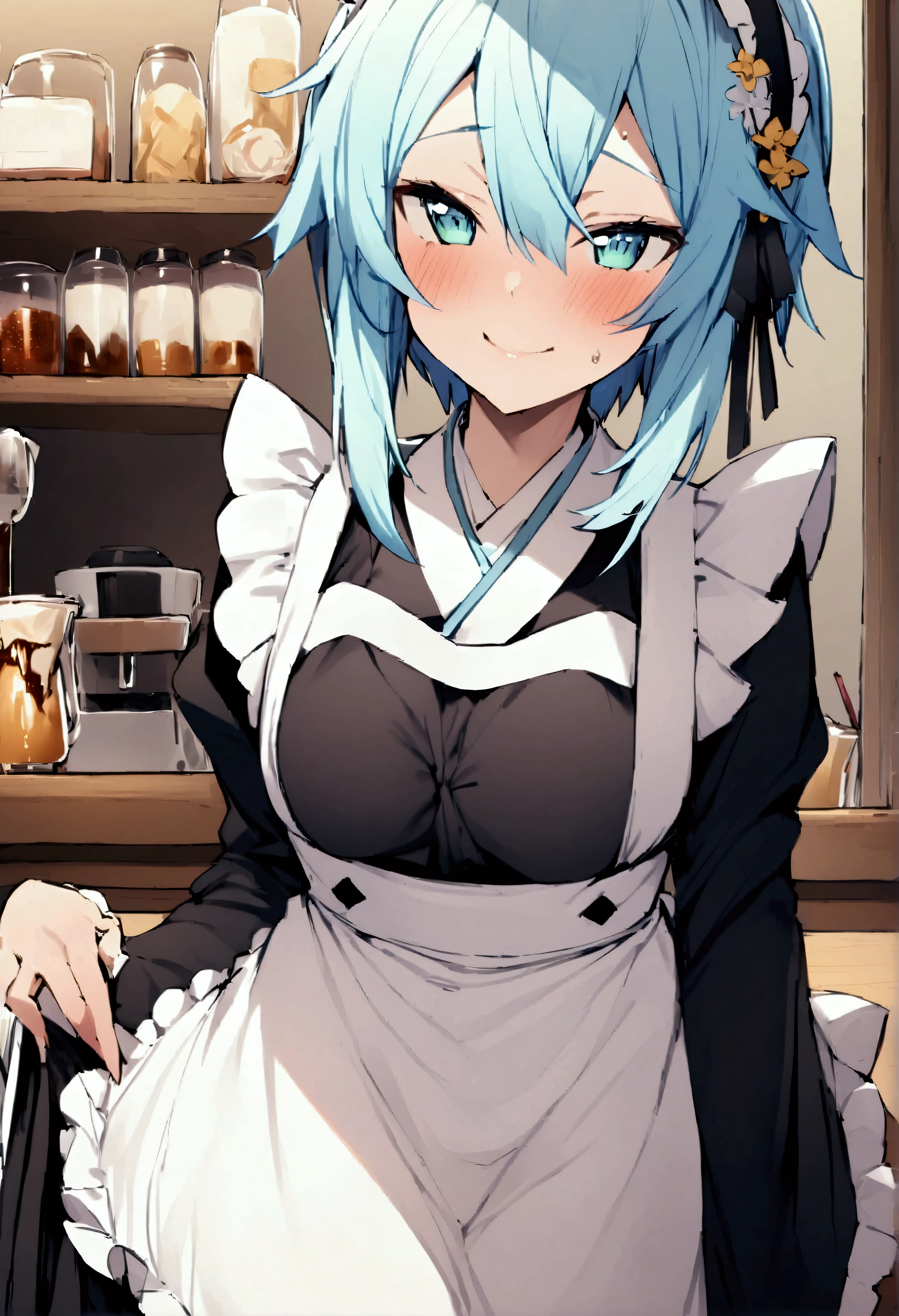 NSFW,masterpiece,Best Quality,High resolution,Very detailed,One girl,Sinon\(Sword Art Online\),kimono、kimono、White apron、kimono、Hair accessories、長sleeve、Maid、和Maid、sleeve丈が手首まで、Ruffled Apron、sleeve,Bad Smile,Seduce,Lustful face,I feel,Coffee shop,counter