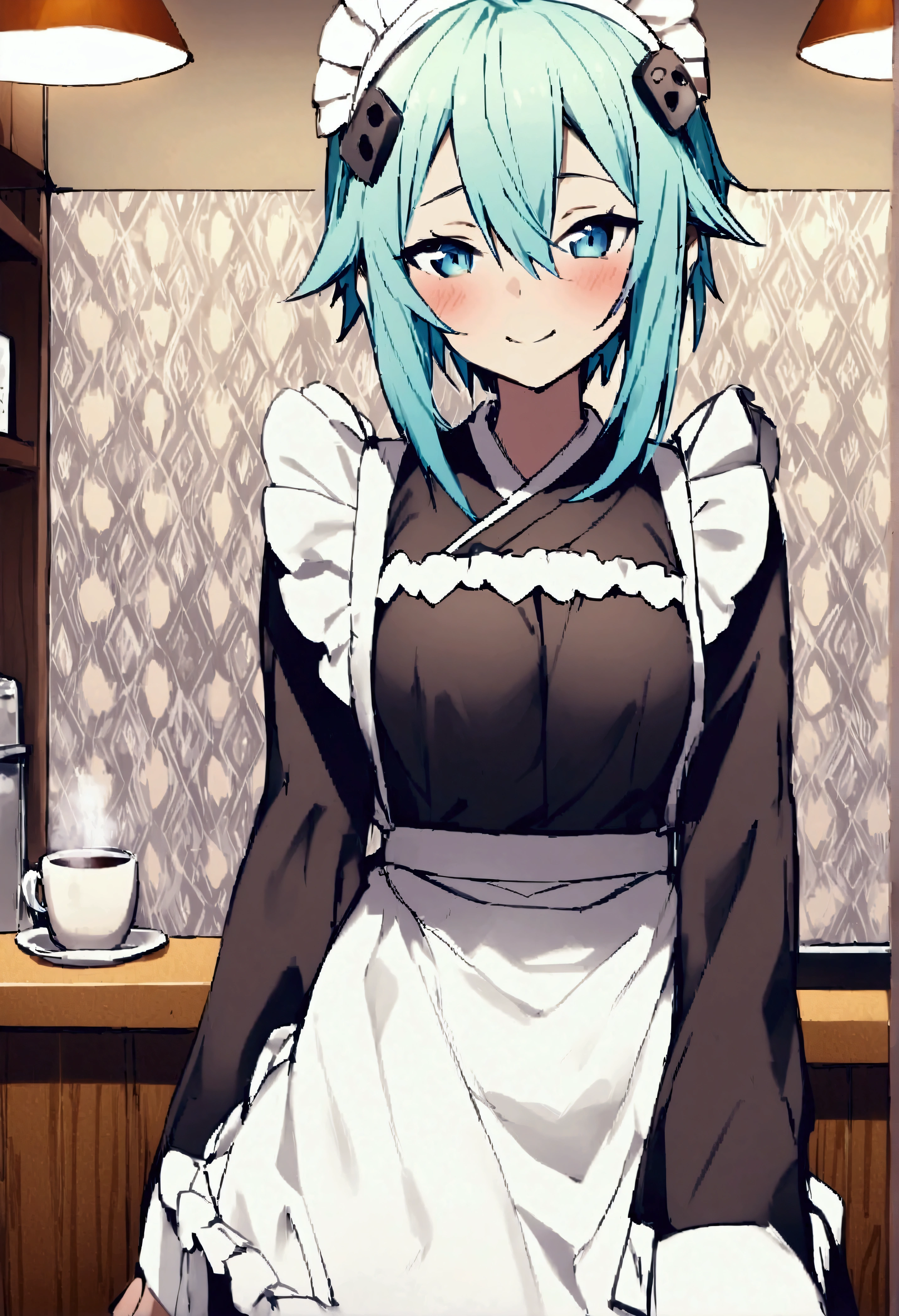 NSFW,masterpiece,Best Quality,High resolution,Very detailed,One girl,Sinon\(Sword Art Online\),kimono、kimono、White apron、kimono、Hair accessories、長sleeve、Maid、和Maid、sleeve丈が手首まで、Ruffled Apron、sleeve,Bad Smile,Seduce,Lustful face,I feel,Coffee shop,counter