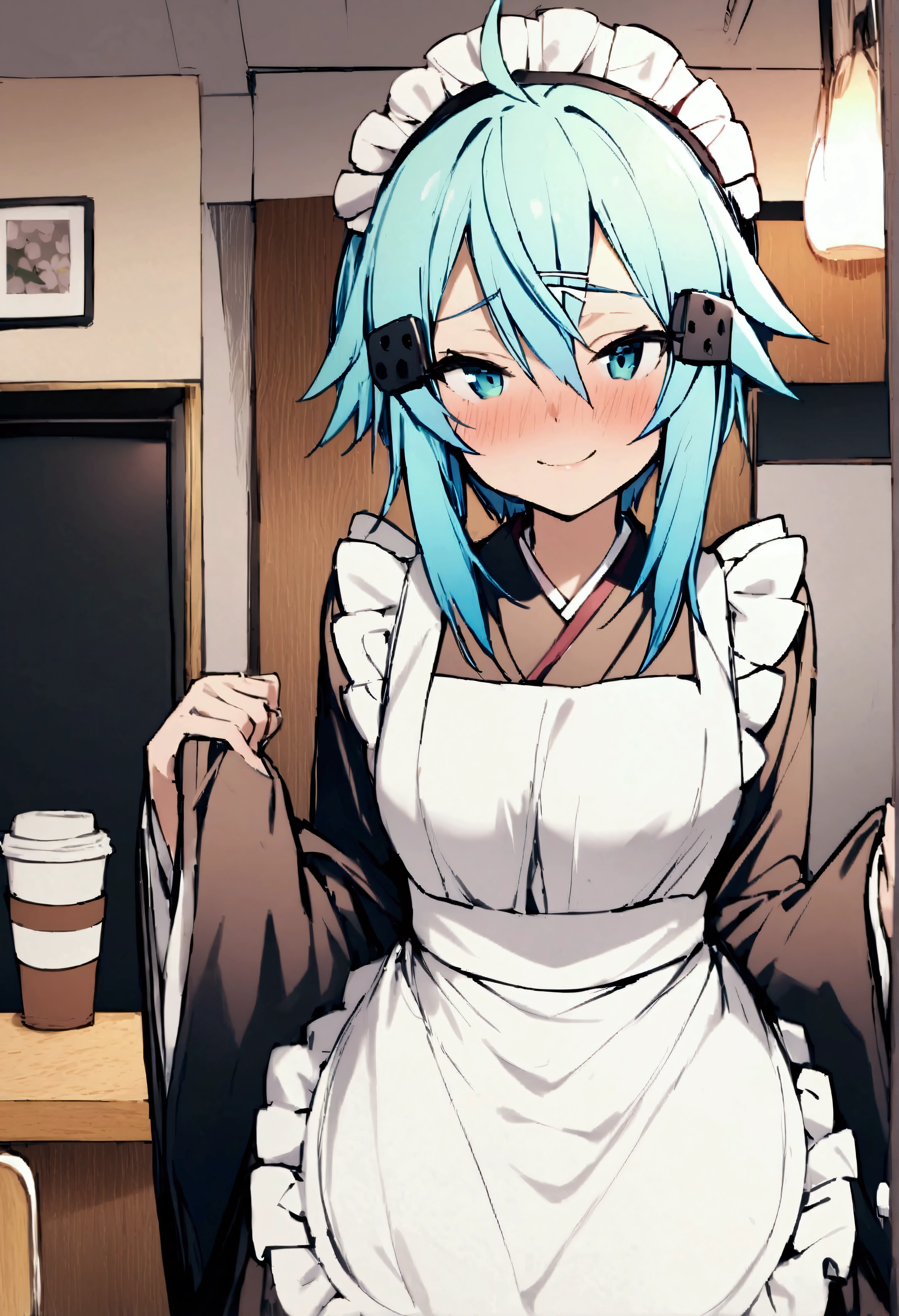 NSFW,masterpiece,Best Quality,High resolution,Very detailed,One girl,Sinon\(Sword Art Online\),kimono、kimono、White apron、kimono、Hair accessories、長sleeve、Maid、和Maid、sleeve丈が手首まで、Ruffled Apron、sleeve,Bad Smile,Seduce,Lustful face,I feel,Coffee shop,counter