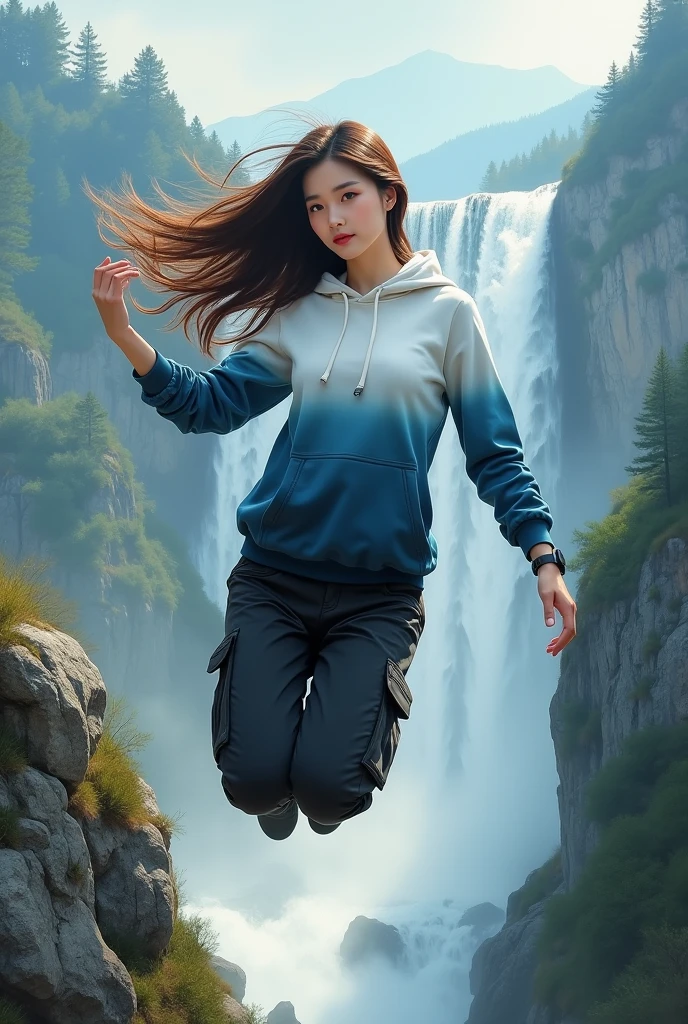 zrpgstyle, Yu-JinNobodySD15 Post-apocalyptic, shabby Radio Operator's Gear Headphones, sweater, jeans, sneakers, wristwatch. dutch braid hair, Floating Sky Islands, Landscape with floating islands, interconnecting bridges, and cascading waterfalls. bright morning sunlight shining through window (masterpiece:1.2) (best quality:1.2) (detailed) (intricate) (8k) (HDR) (cinematic lighting) (sharp focus) (intense action scene, dutch angle, foreshortening, motion blur, blurred foreground:1.3)