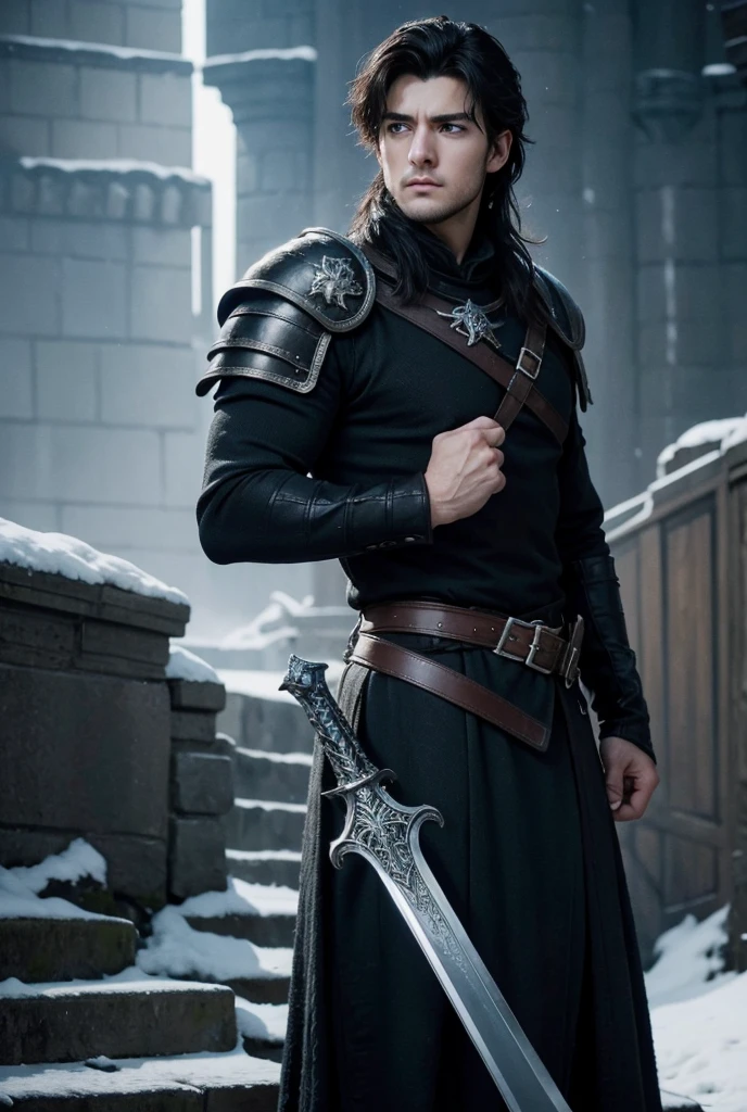 UHD, Westeros (Inspired by "Game of Thrones"), A grand castle of storm's end in the background, Standing on the stairs path is a handsome powerful, battle-hardened man with piercing blue eyes and a strong jawline. His armor is battered but open at the chest, revealing his muscular, toned body. His short, dark hair is tousled by the stormy wind, and his intense gaze locks onto the viewer. With one hand resting on the hilt of his sword, he exudes confidence, danger, and raw, irresistible allure.