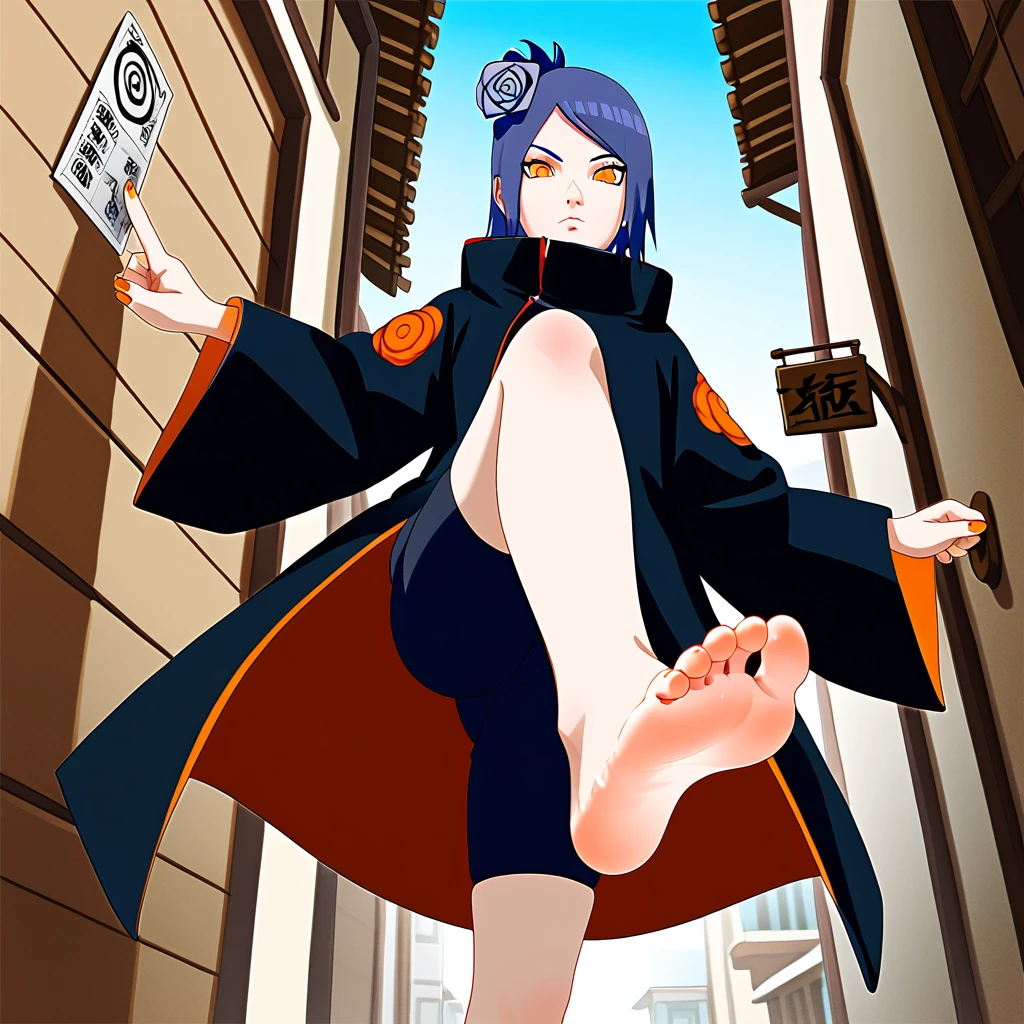 The woman \(Naruto\), Alone, 1girl, closed_mouth, akatsuki outfit, (akatsuki outfit:1.1), flower, hair flower, (orange eyes:1.2), black coat，In the alley，dead end，Dark gray blue hair，Soles出汗，barefoot，Perfect feet，Five toes，Low Angle，Soles，One-leg stand，Lift one foot，Stamp your feet