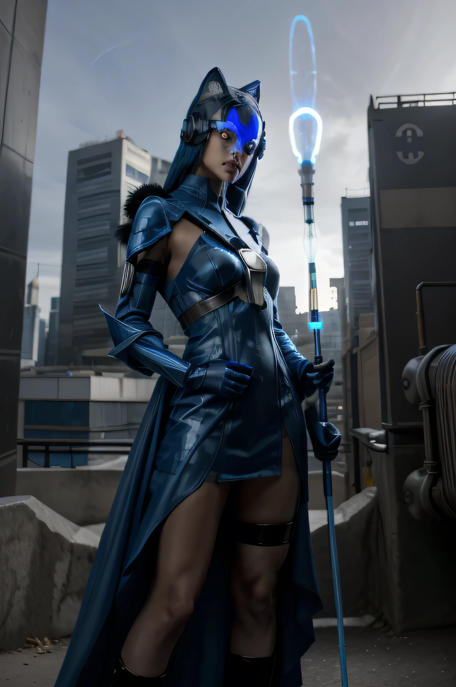 sci fi cleric, blue cat hybrid woman furry, wearing a futuristic gown, holding a sci fi staff, sci fi city in the background, realism, sci fi, cool cyber helmet, hyper realistic
