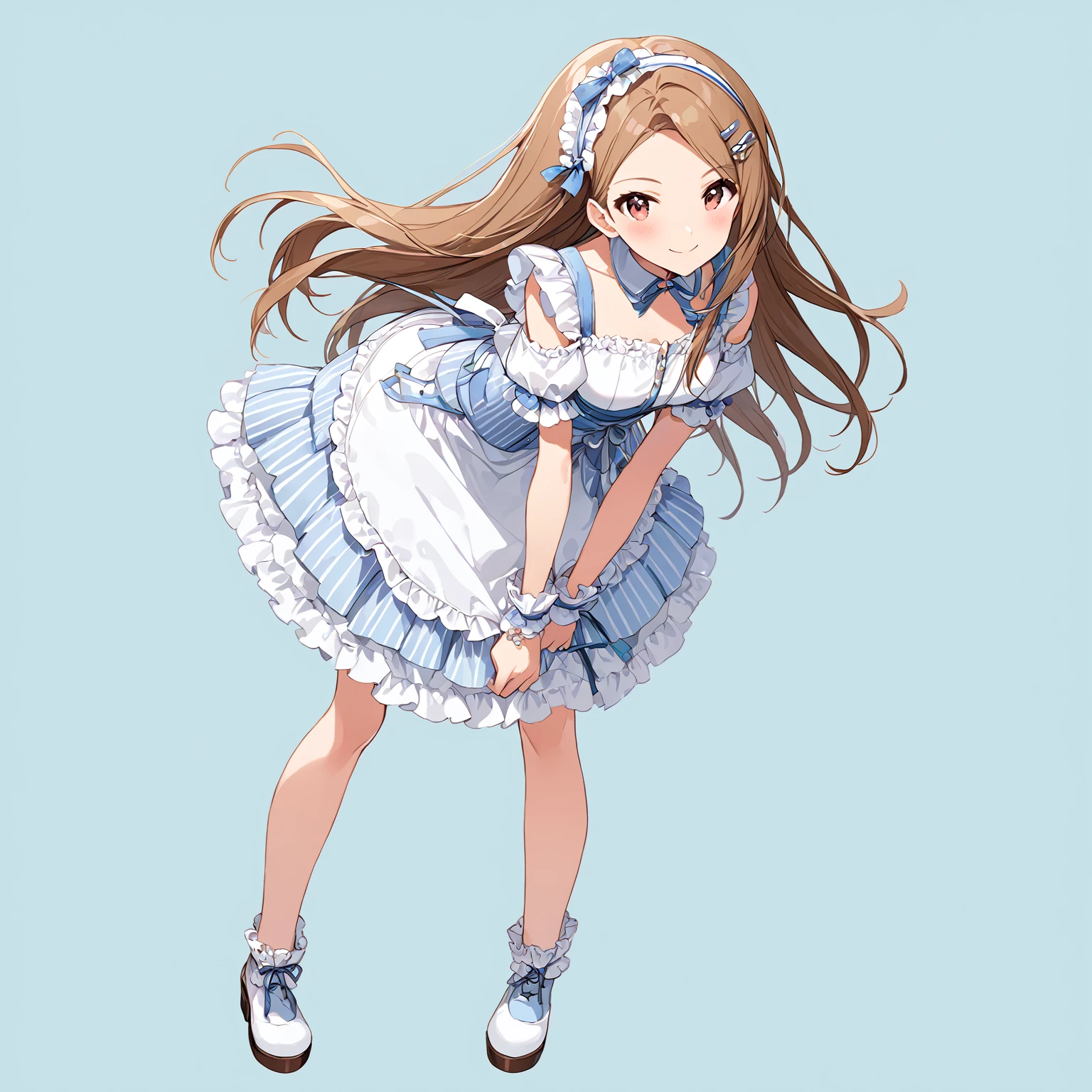 (masterpiece)、(Best Quality)、(High resolution)、(Very detailed)、(so beautiful:0.9)、(Very cute:0.9)、(Brighten your face:0.3)、

(Minase Iori)、
Straight long brown hair、amount、Hair Clip、Hairbands、 
smile、Shyness、
Beautiful breasts、Round Breasts、round face、
bust:77cm、height: 153cm、

Perfect Anatomy、Two perfect slim legs、Two perfect arms、Five perfect fingers、Big pink eyes、Slender、Tight waist、
Delicate and smooth skin、Beautiful Skin、Textured skin、Healthy Skin、
Alone、whole body、

Light blue maid outfit、Off-the-shoulder top with ruffled sleeves、Layered short ruffle skirt、White frilly apron、
Light blue striped underwear、White frilly underwear、

(((Leaning forward:0.9)))、(Cleavage:0.5)、

(14_years_old), 
(Alone:1.5), (Standing), 
(Full Body Shot:1.5), 
(from the front), 
(No background:1.5), (LightBlue background:1.5), 